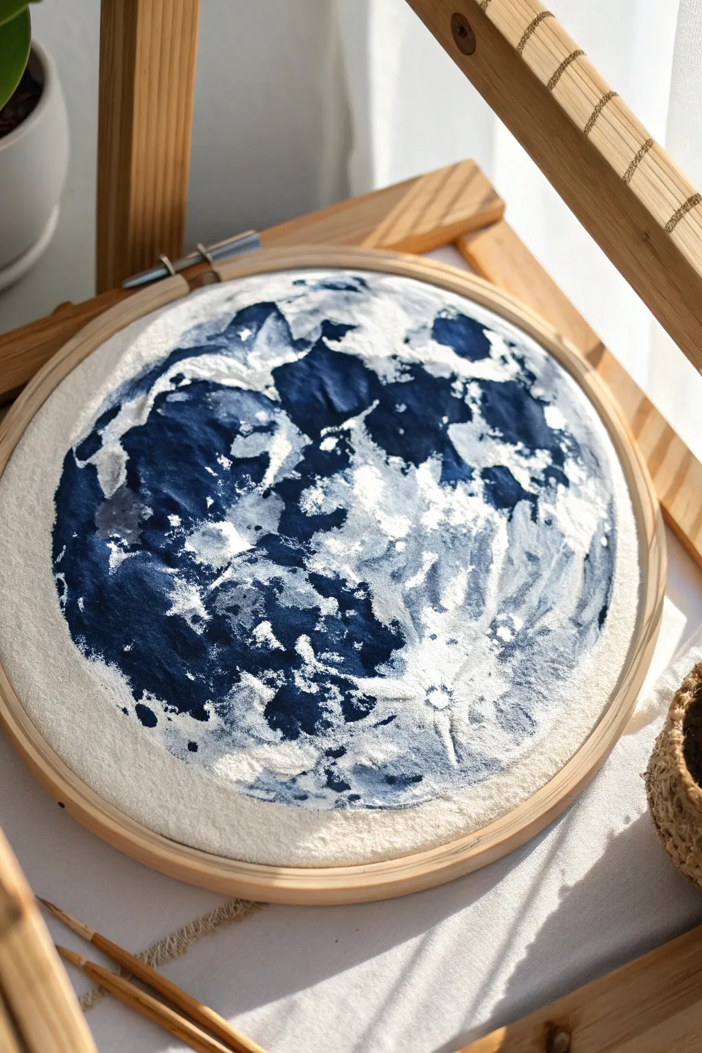 Craft your own celestial masterpiece with this textured moon painting, where simplicity meets artistic depth in Scandinavian style.