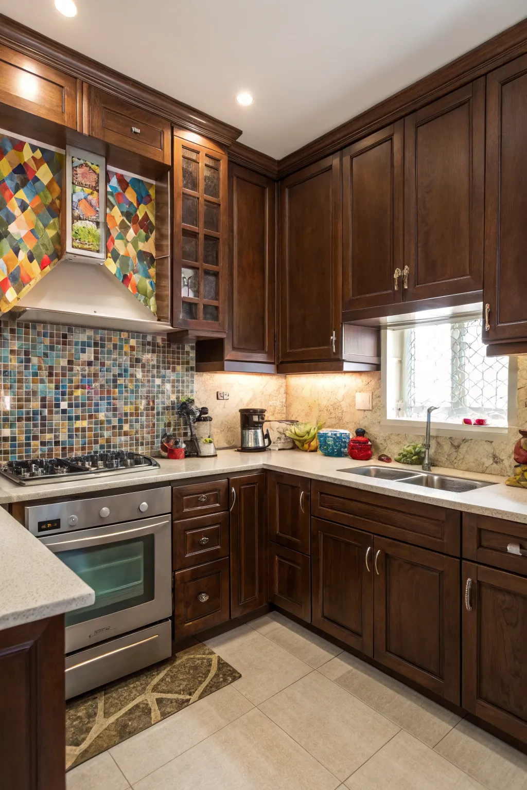 Contrasting tiles and cabinets create a balanced kitchen design.