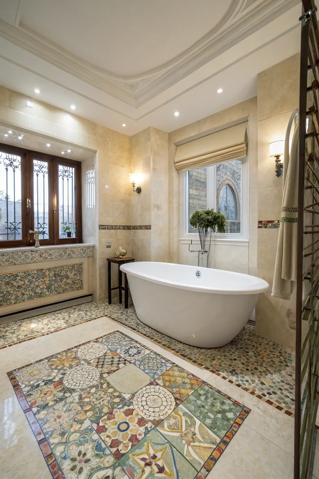 A freestanding bathtub stands out against a mosaic tile floor.