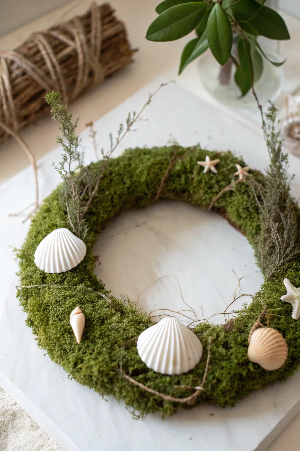 Embrace coastal calm with this stunning moss and seashell wreath—perfect for bringing a touch of beach serenity into your home.