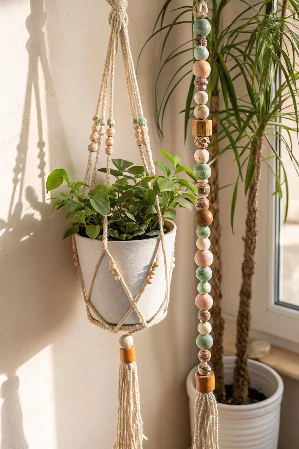 Elevate your greenery with this elegant beaded plant hanger, the perfect blend of minimalist charm and boho flair.