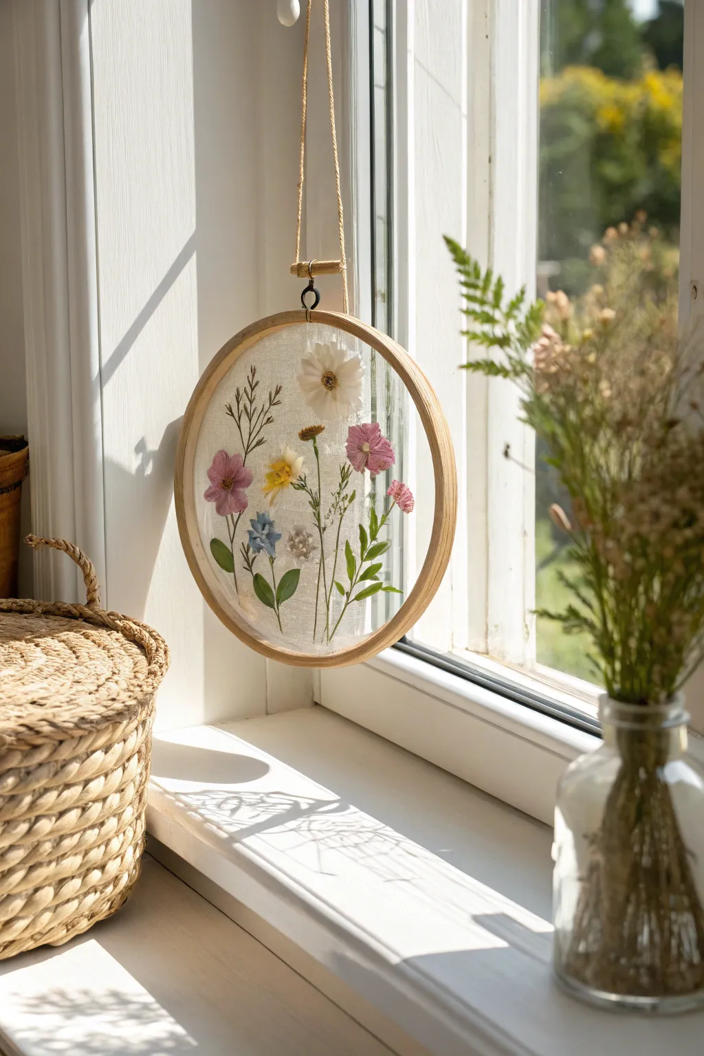 Capture spring's essence with this enchanting pressed flower suncatcher - a simple yet stunning Mother's Day craft!