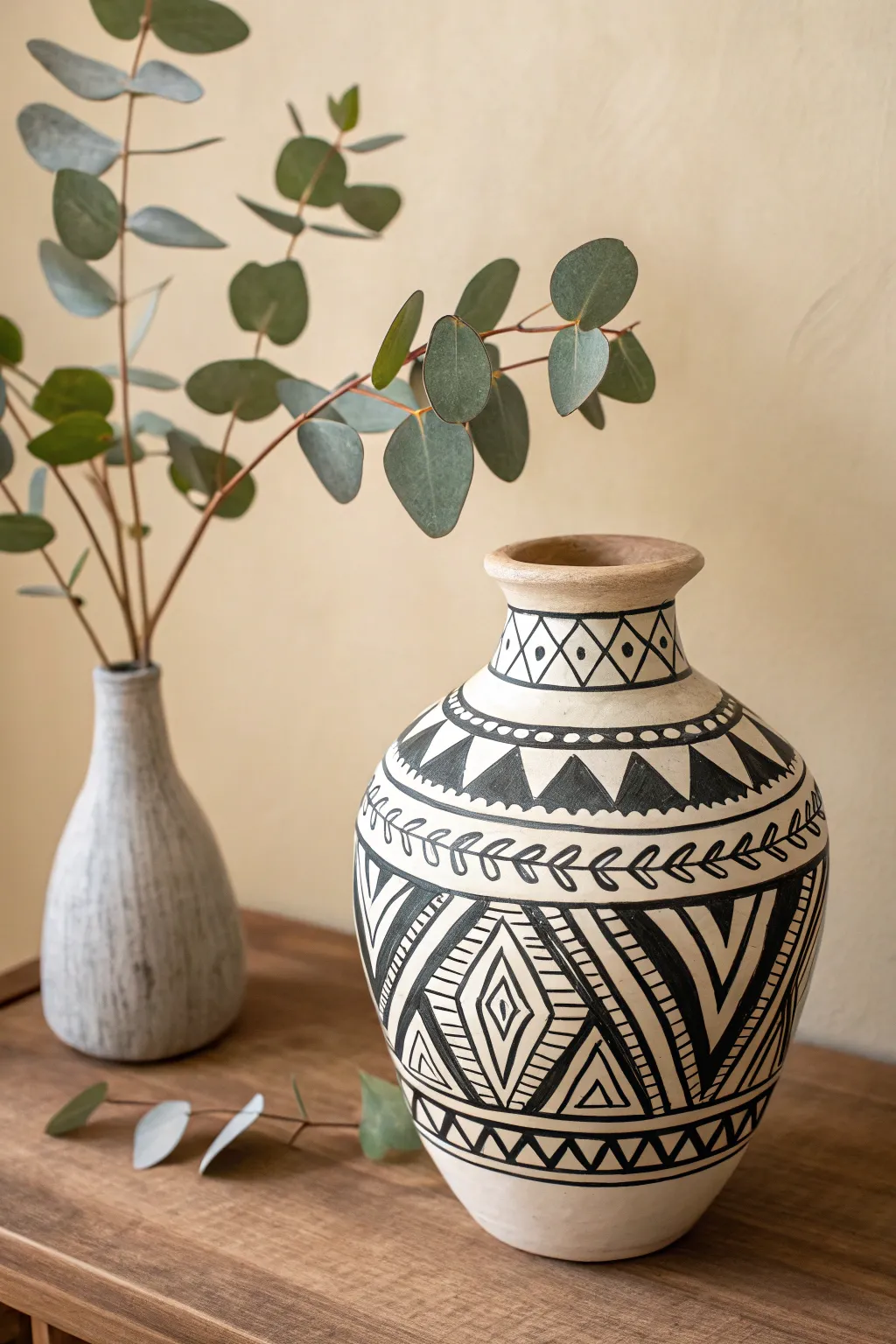 Elevate your decor with the timeless allure of bold tribal patterns on a handcrafted mud vase. A perfect blend of culture and minimalism.