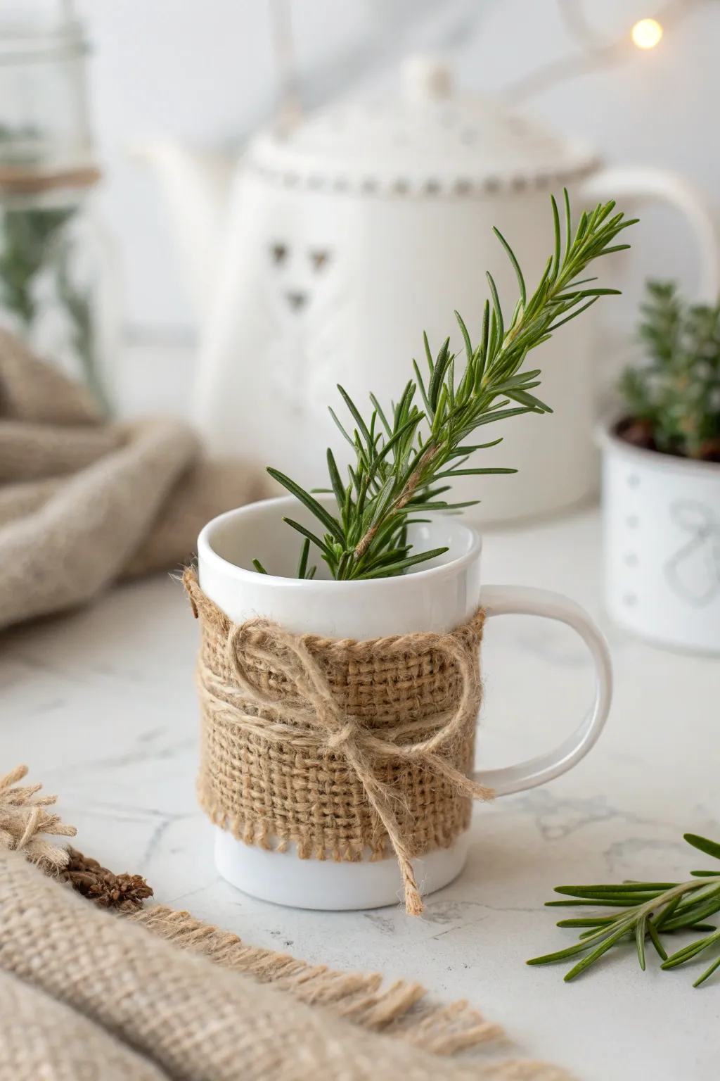 Elevate your gifting with rustic charm: A burlap-wrapped mug, perfect for those who appreciate nature's elegance.