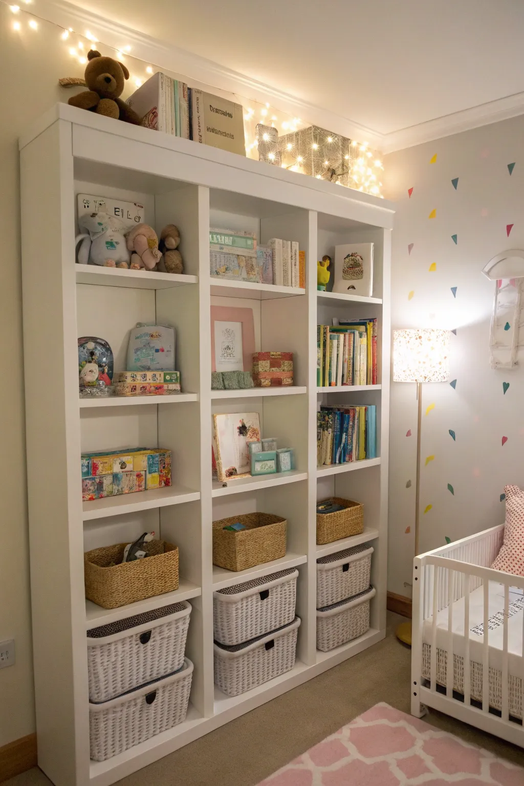 Tall shelves efficiently use vertical space in a nursery.