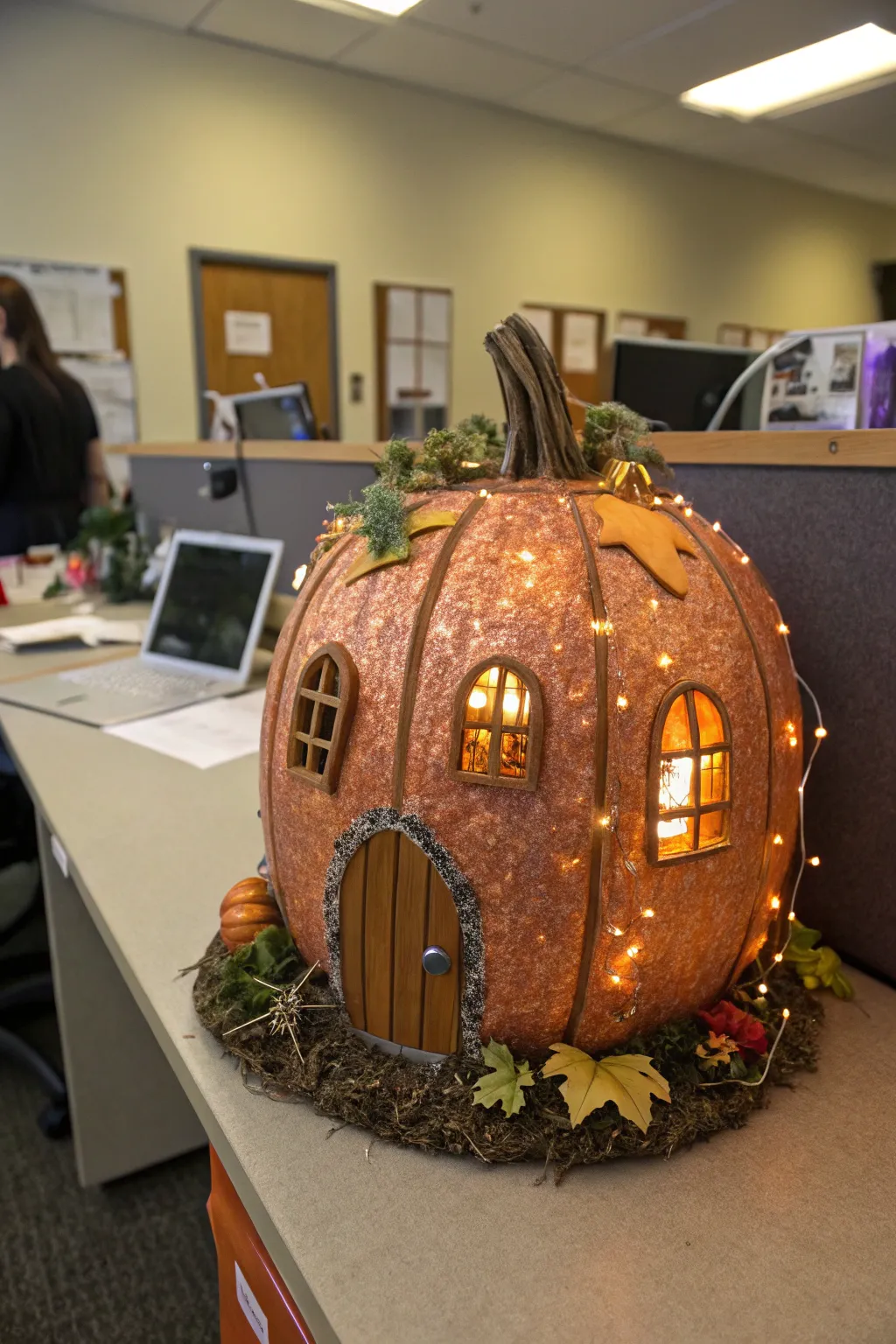 An ethereal fairy house pumpkin, enchanting the office with its charm.