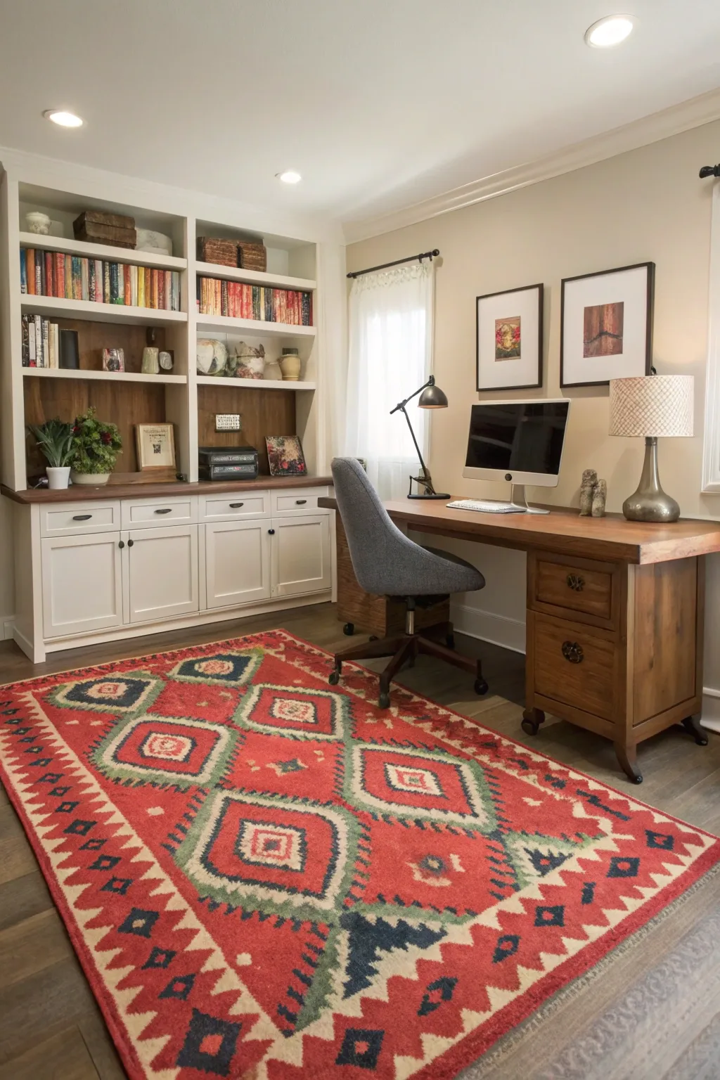A home office with a statement rug in a bold pattern.