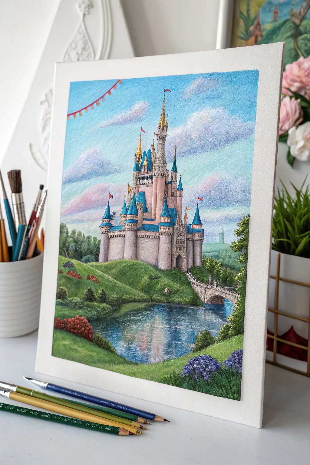 Transport your imagination to a whimsical world with this enchanting fairytale castle drawing, a perfect blend of bold colors and minimalist style.