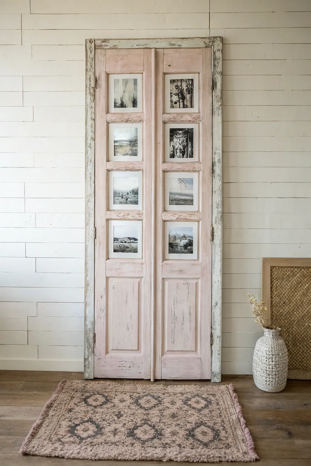 Transform an old door into a beautifully unique photo collage, adding a personal touch to your minimalist-boho home decor.