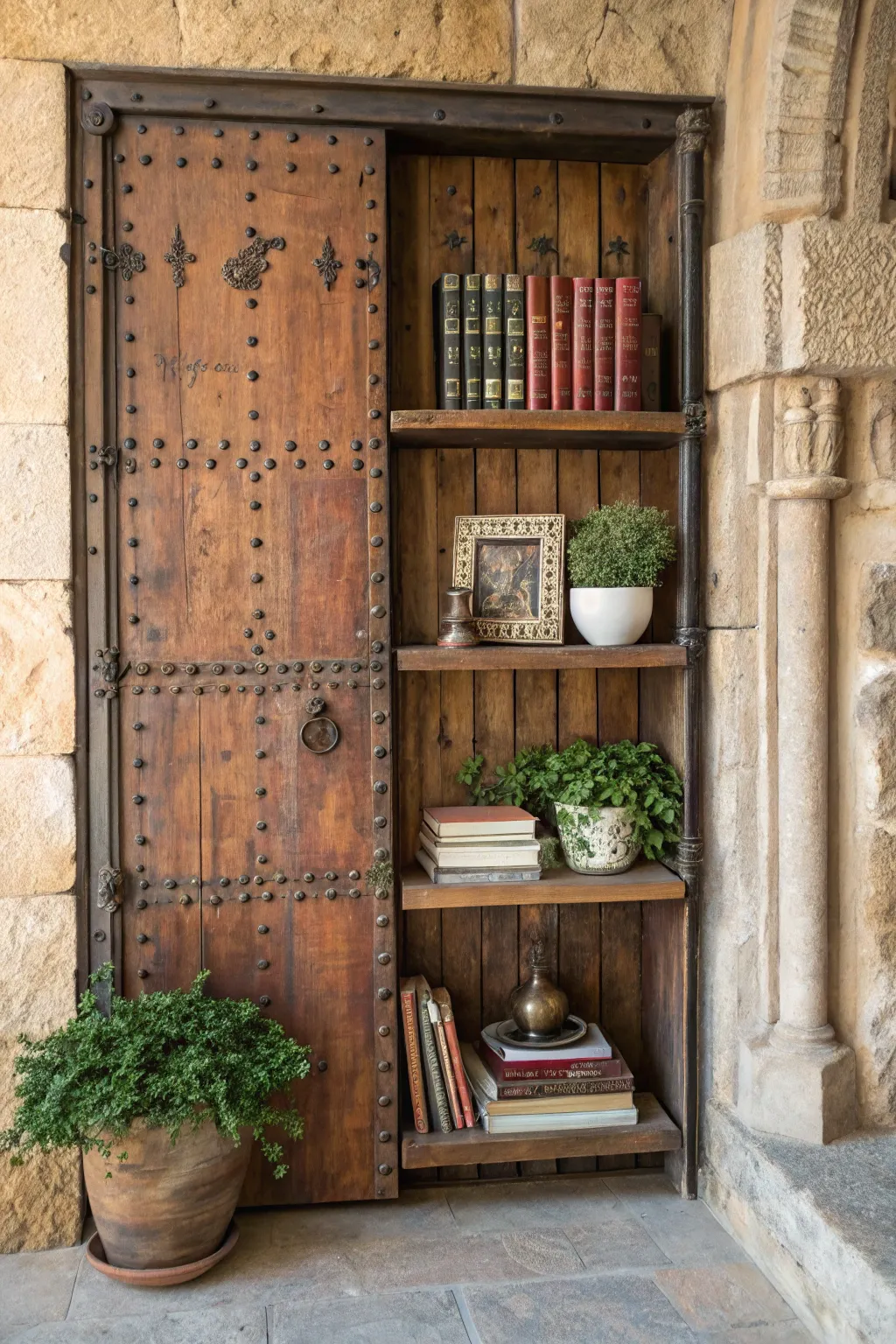 Transform your living space with rustic charm and modern flair: an old door turned stylish display.