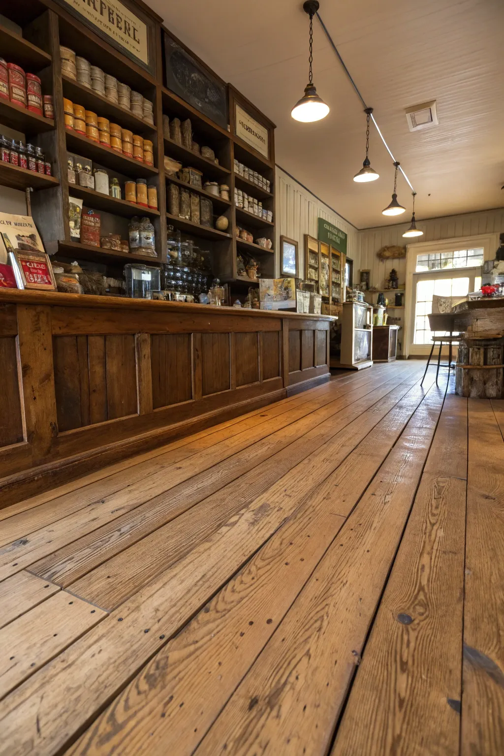 Wide plank wooden flooring in a general store.