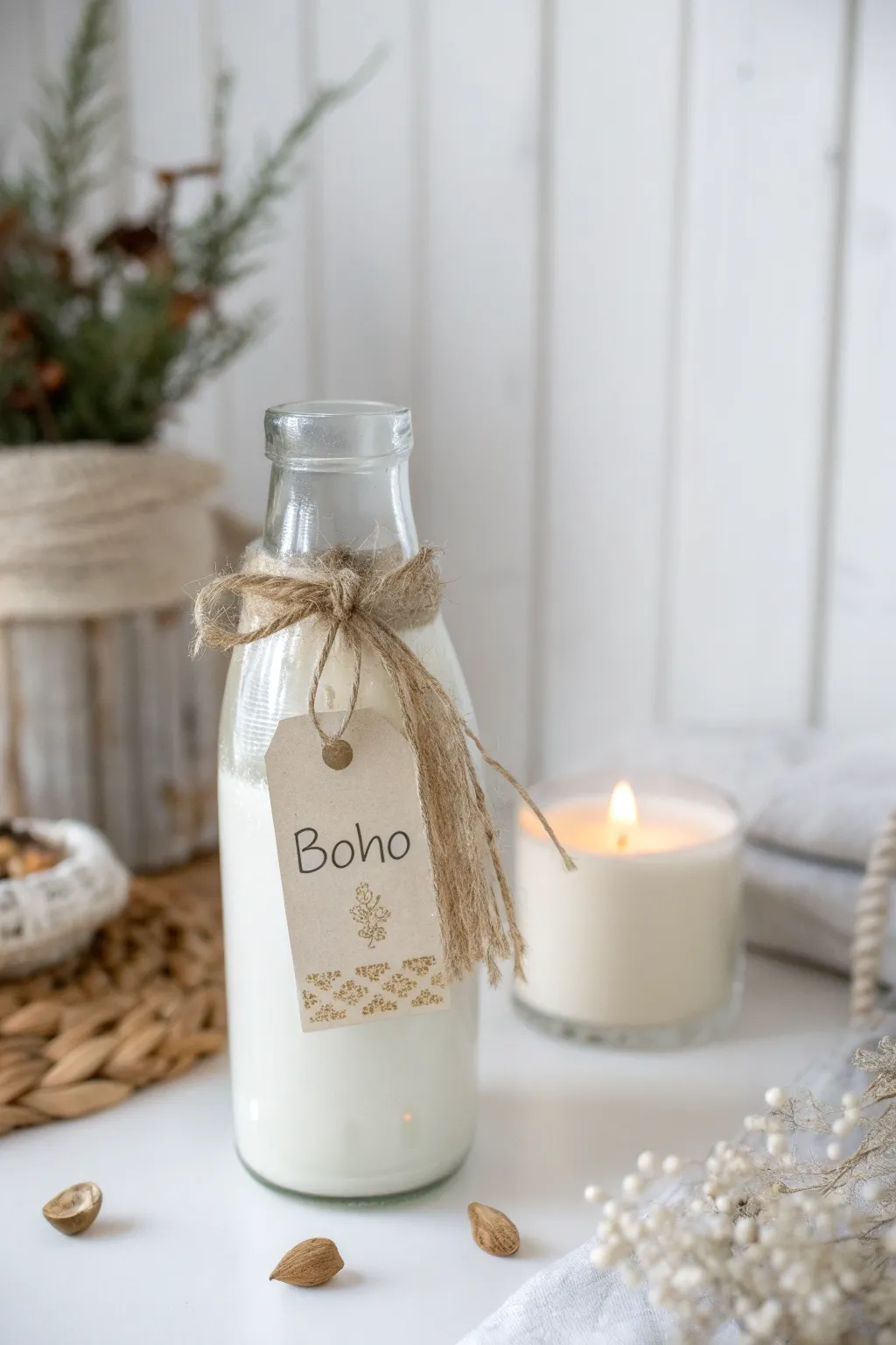 Transform a vintage glass milk bottle into a charming gift package with Boho flair.