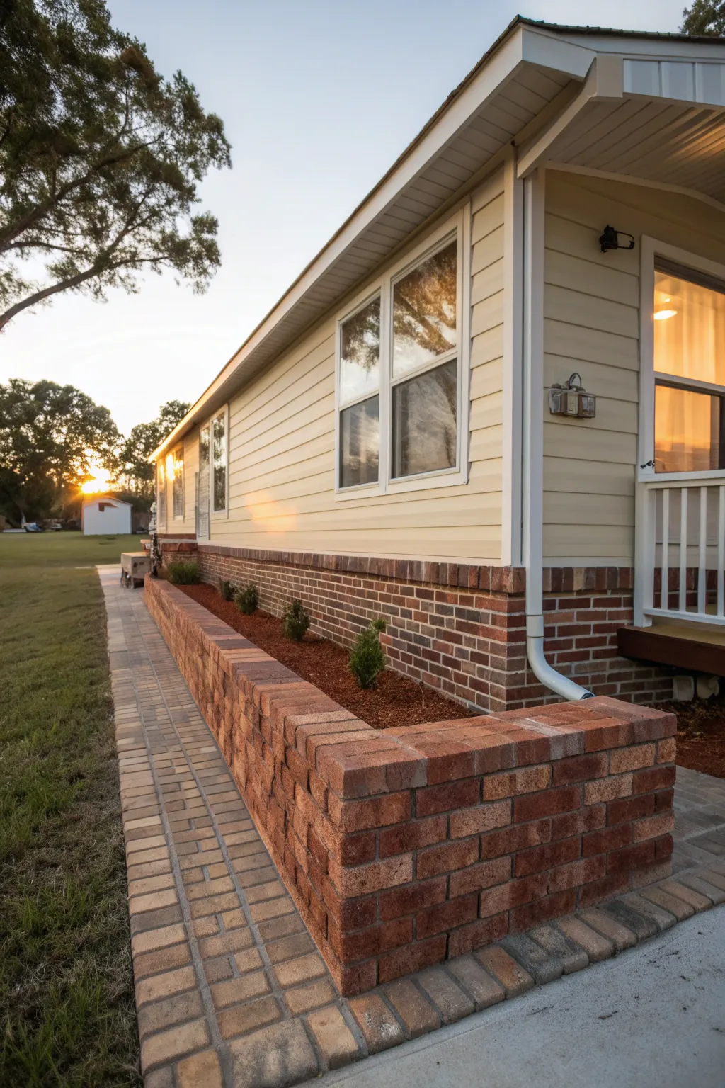 Transform your mobile home's look with creative brick-patterned skirting for a touch of classic charm.