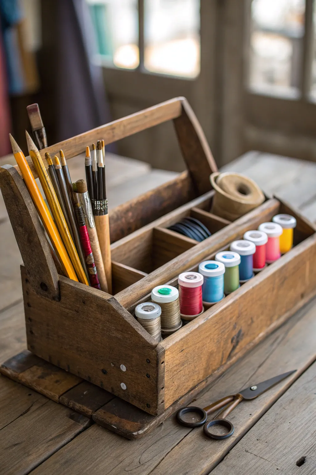 Transform tradition into creativity with this vintage toolbox craft caddy.