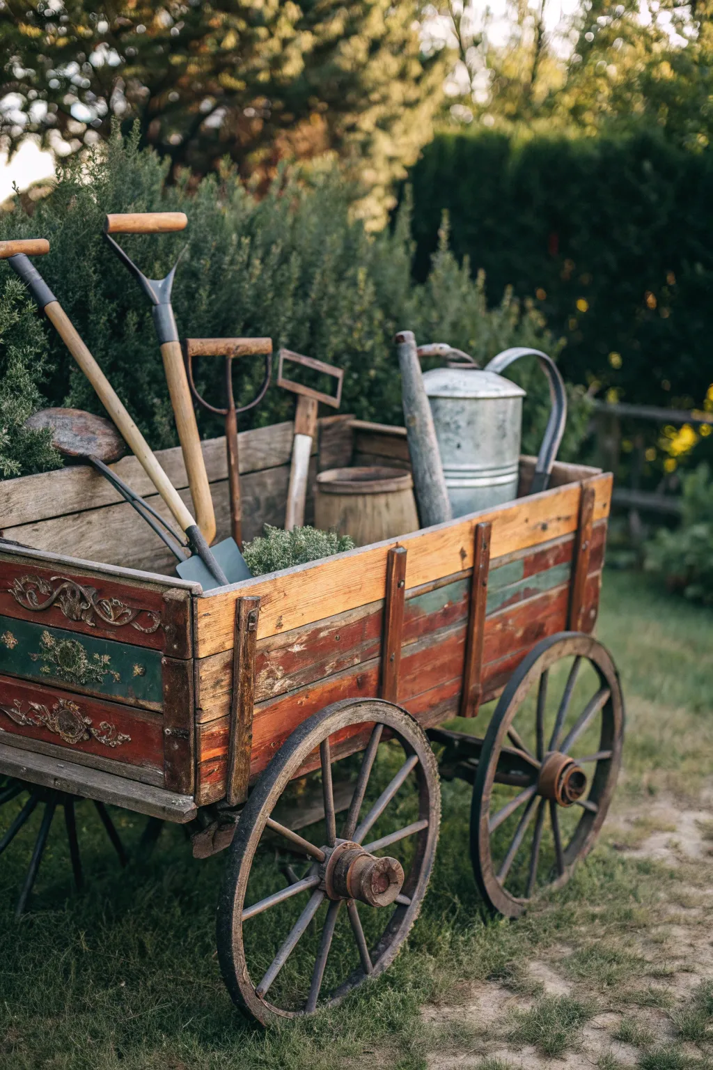 Transform your old wagon into a charming storage haven for your garden tools—where nostalgia meets practicality.