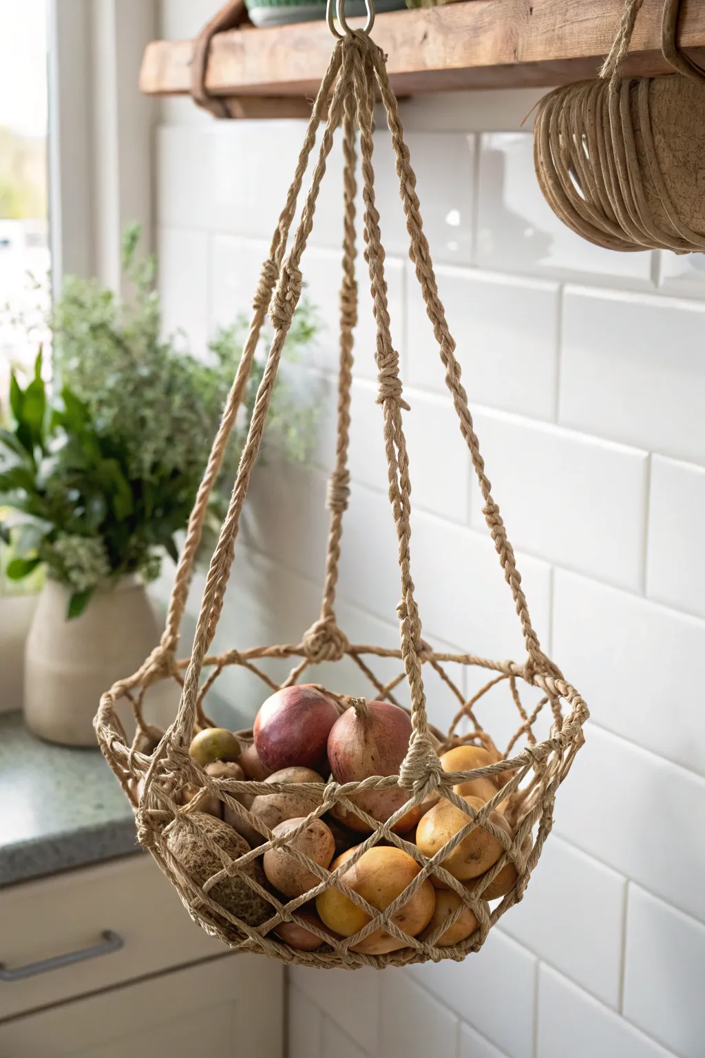 Elevate your kitchen aesthetics with handcrafted hanging baskets for stylish produce storage.
