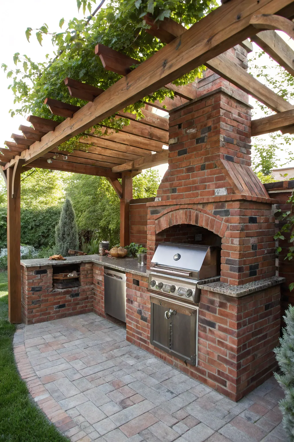 Elevate your outdoor cooking with a pergola-covered brick BBQ—where style meets functionality.