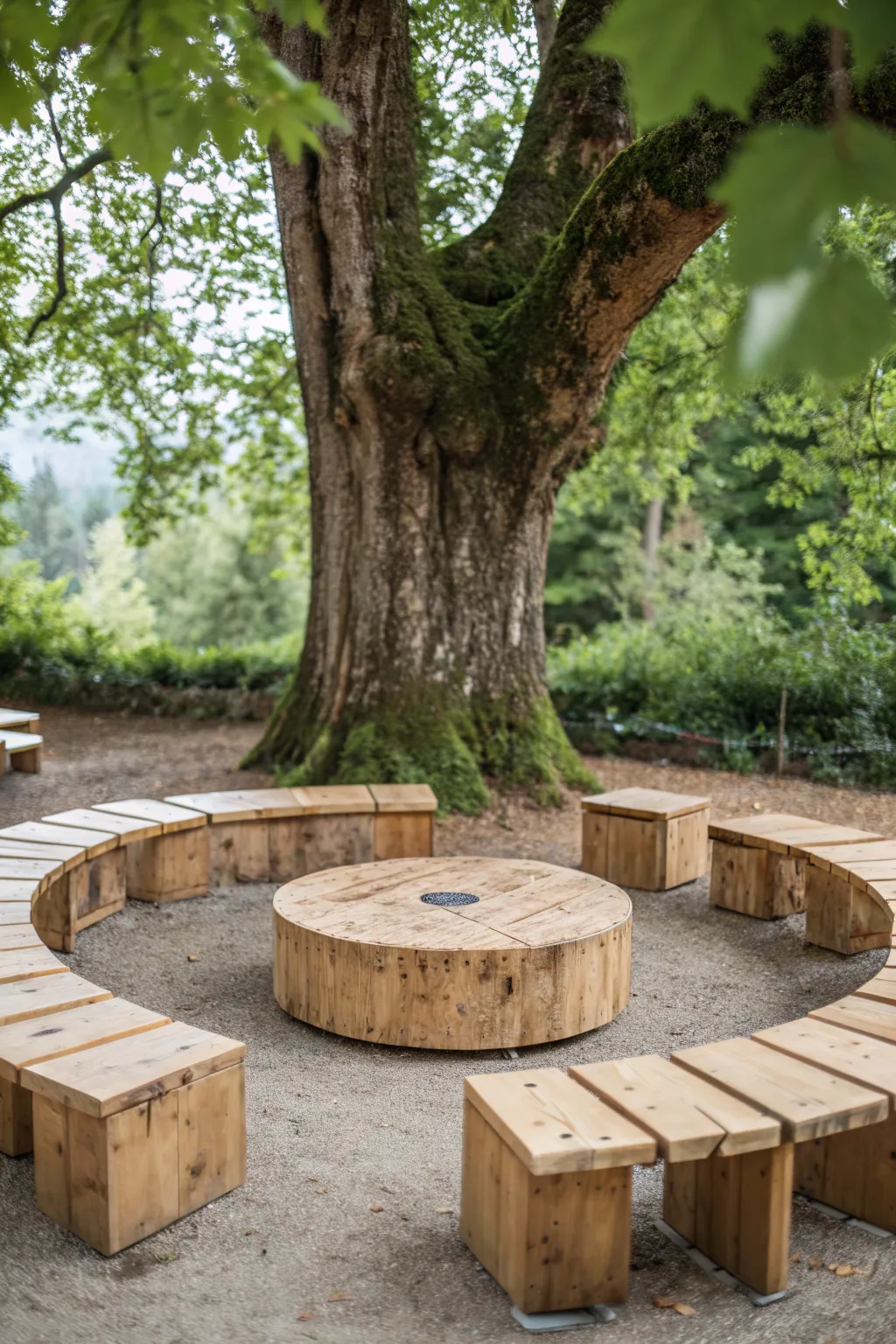 Embrace nature's classroom with a beautiful tree circle seating arrangement, where simplicity meets craftsmanship.