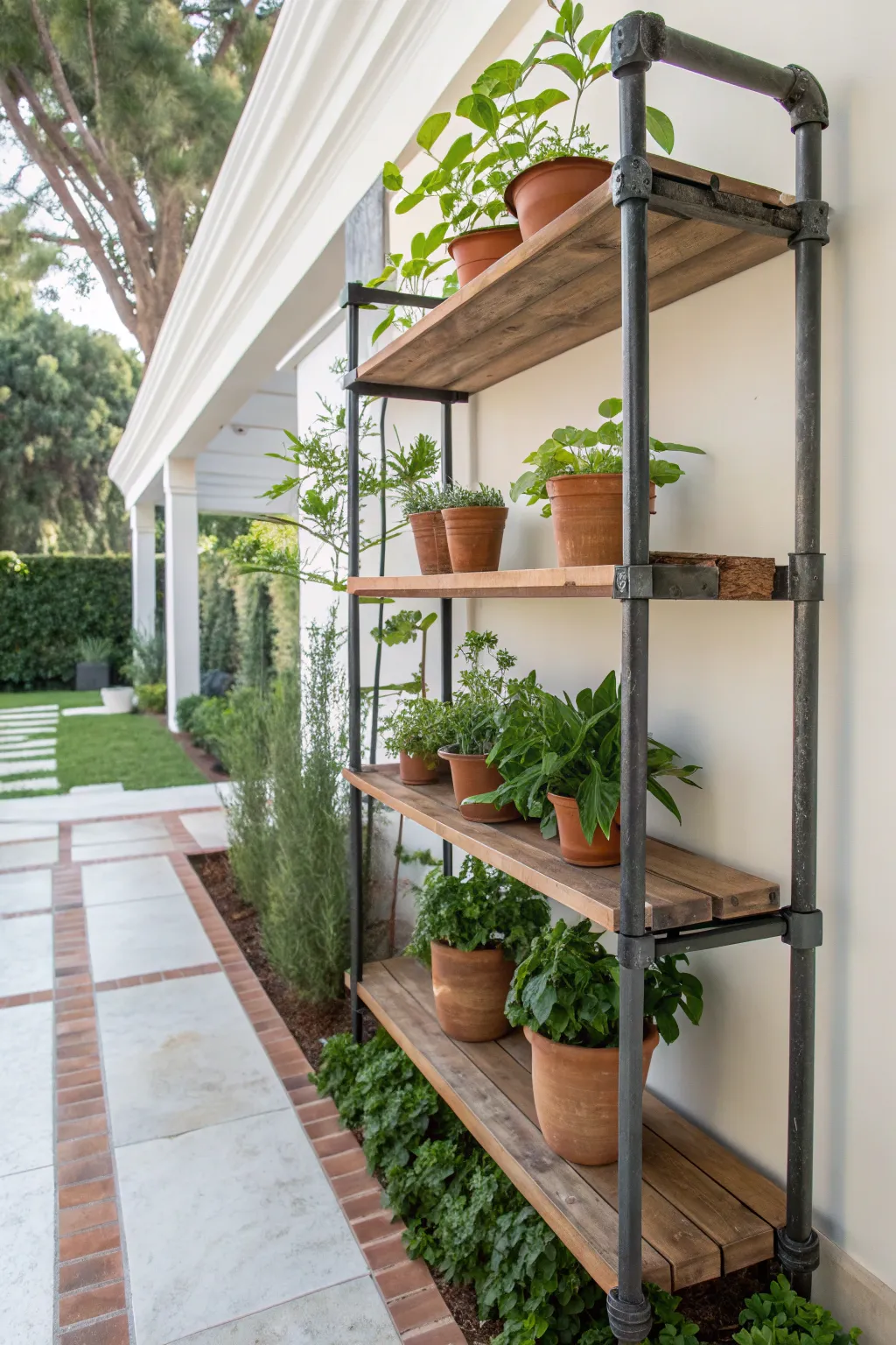 Transform your garden with a chic metal pipe shelf, combining industrial strength with natural elegance.