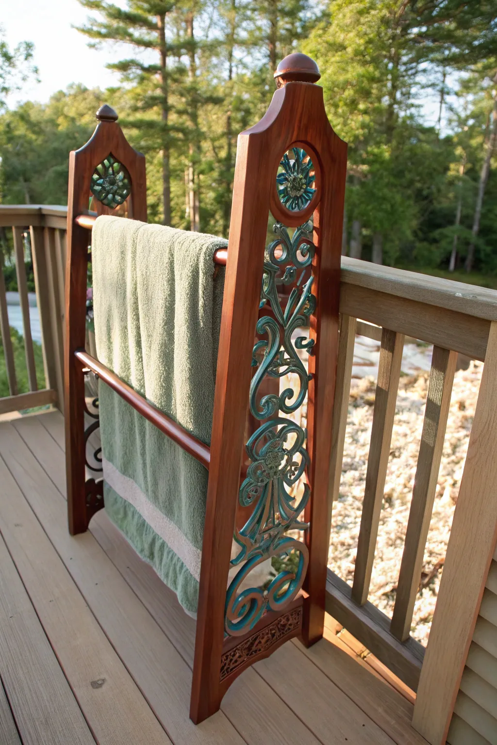 Elevate your outdoor space with a handcrafted towel rack that adds both function and flair.