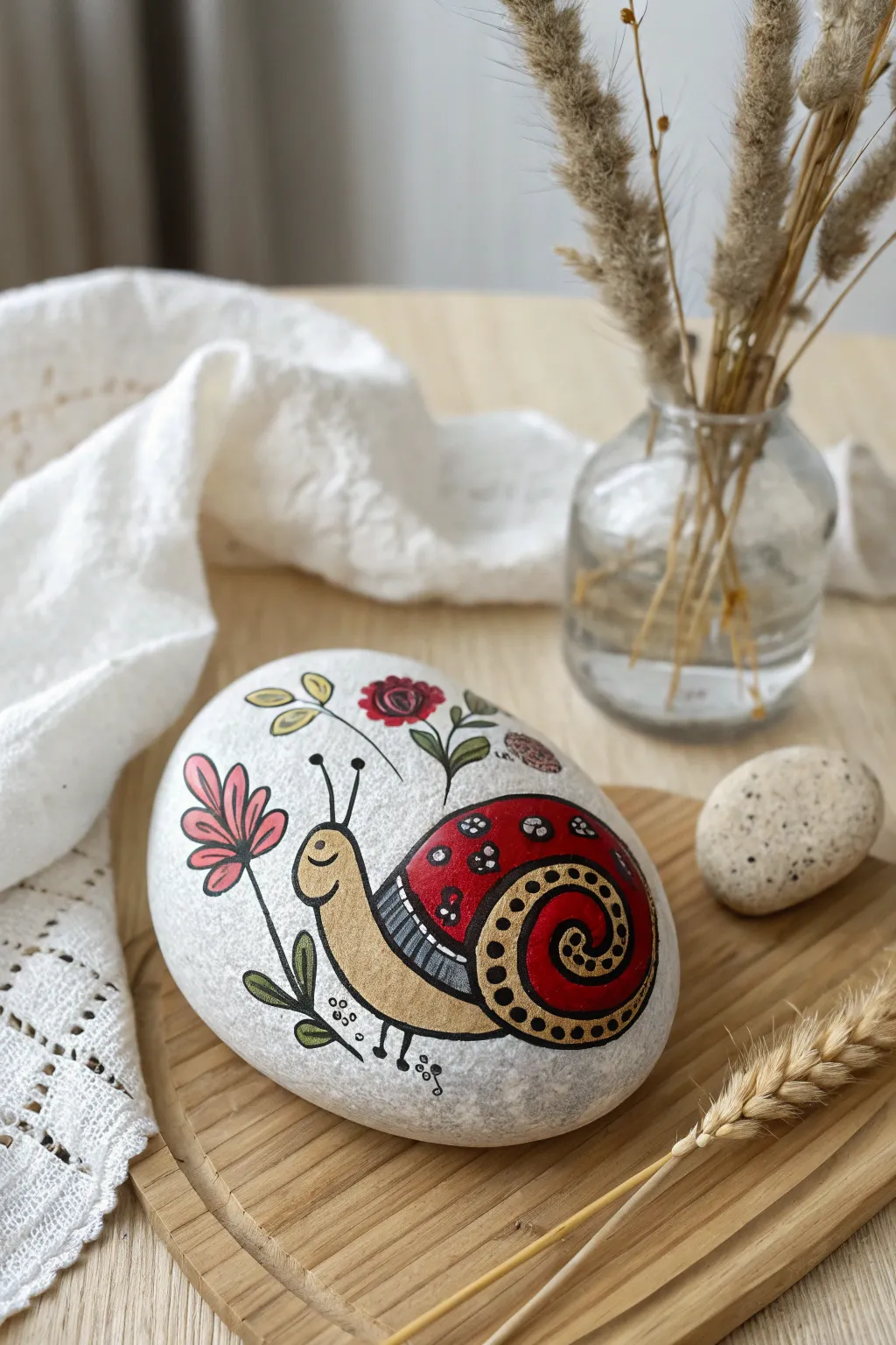 Quirky meets craftsmanship: A whimsical snail painting idea for your rock collection.
