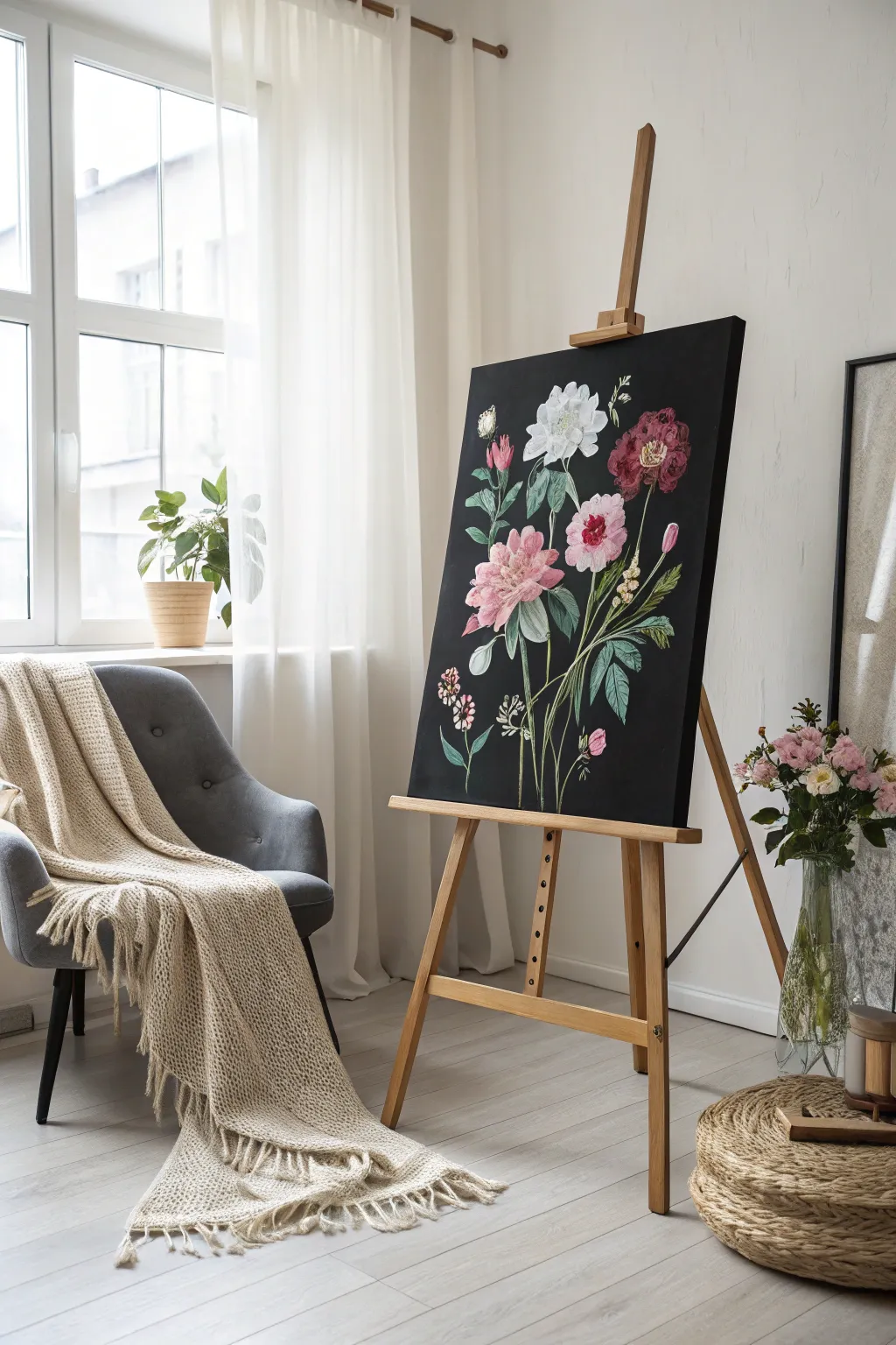 Elevate your art with chic black canvas florals—where modern minimalism meets natural beauty.