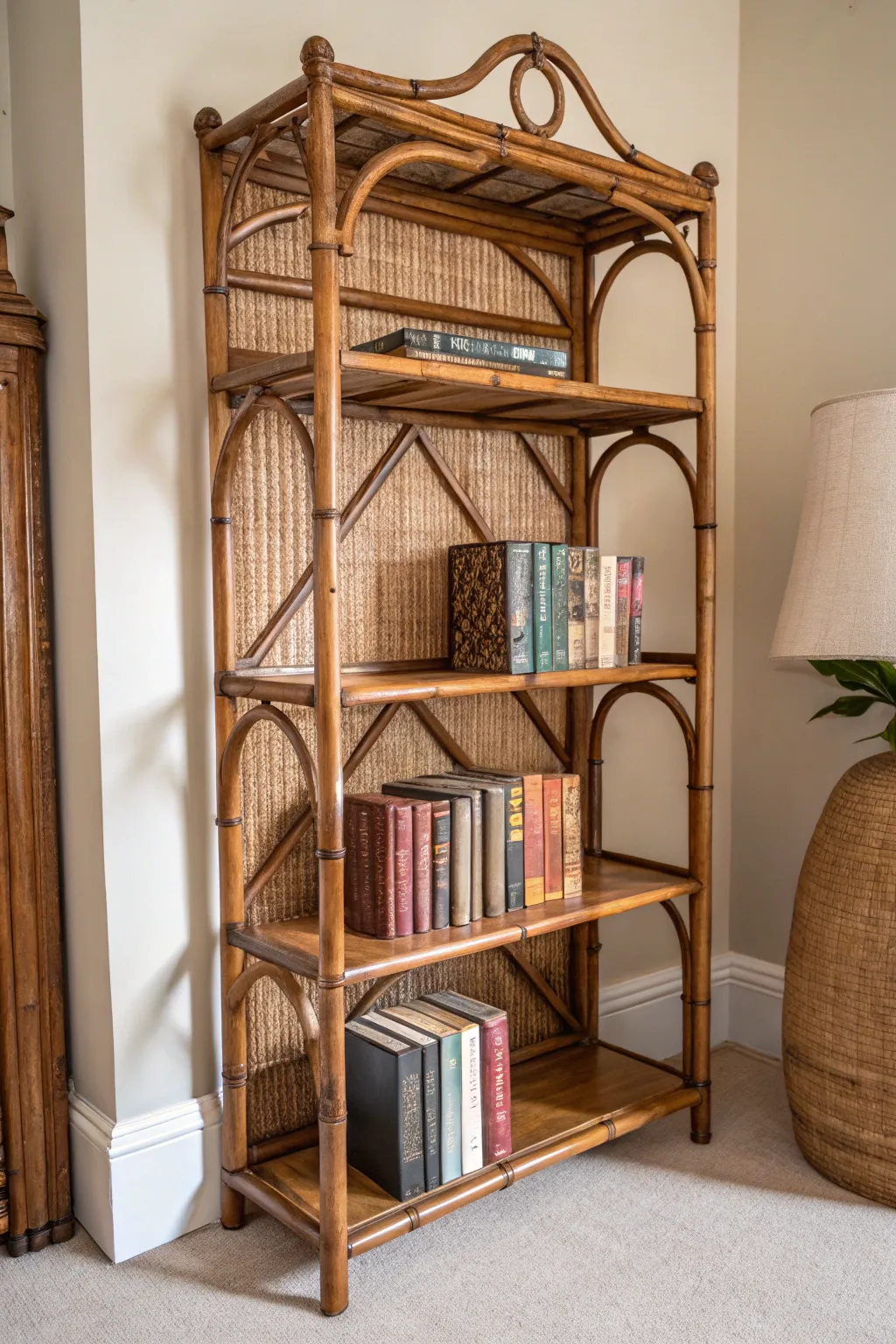 Transform your space with the warmth of a rustic bamboo bookshelf, where vintage charm meets minimalist elegance.