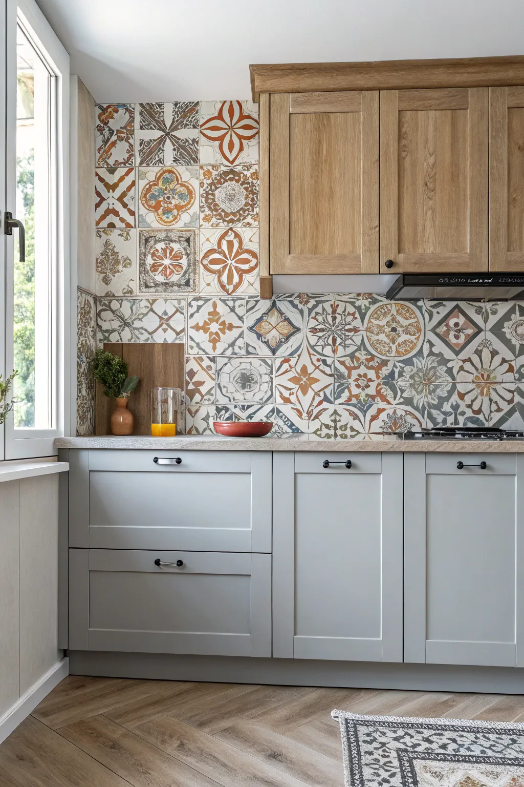 Elevate your kitchen's style with a perfect blend of soft gray cabinets and a bold patterned backsplash for a cohesive and polished look.