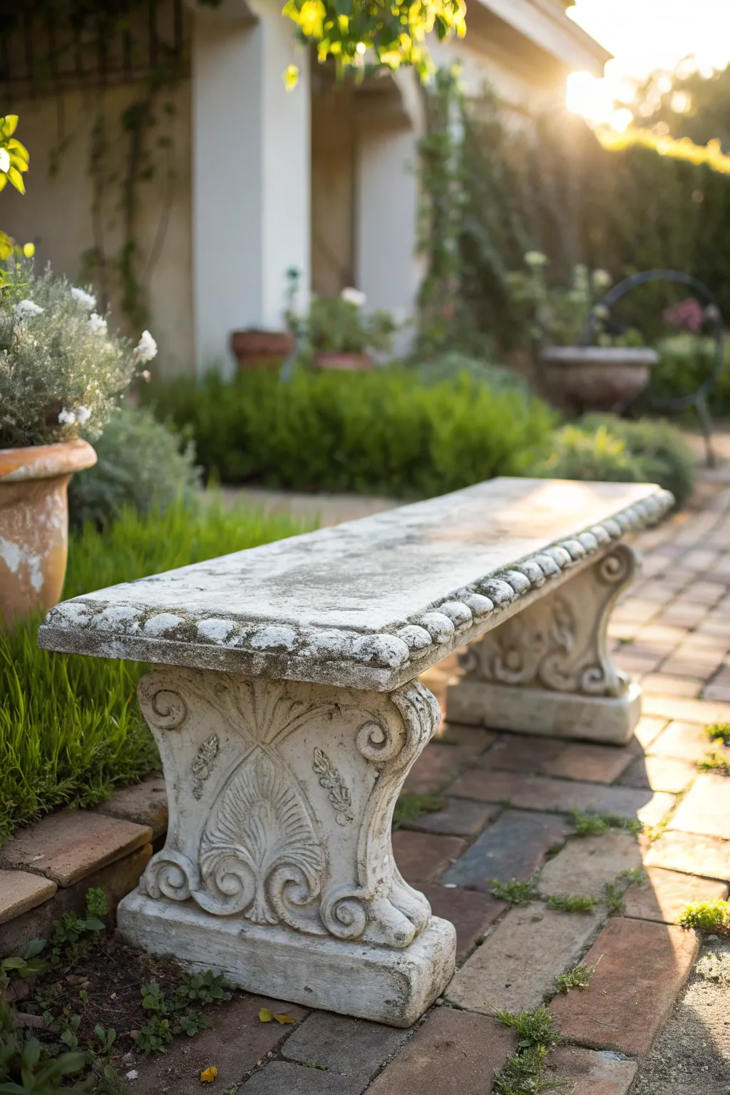 Embrace vintage charm with this rustic weathered concrete bench, perfect for a cozy outdoor retreat.