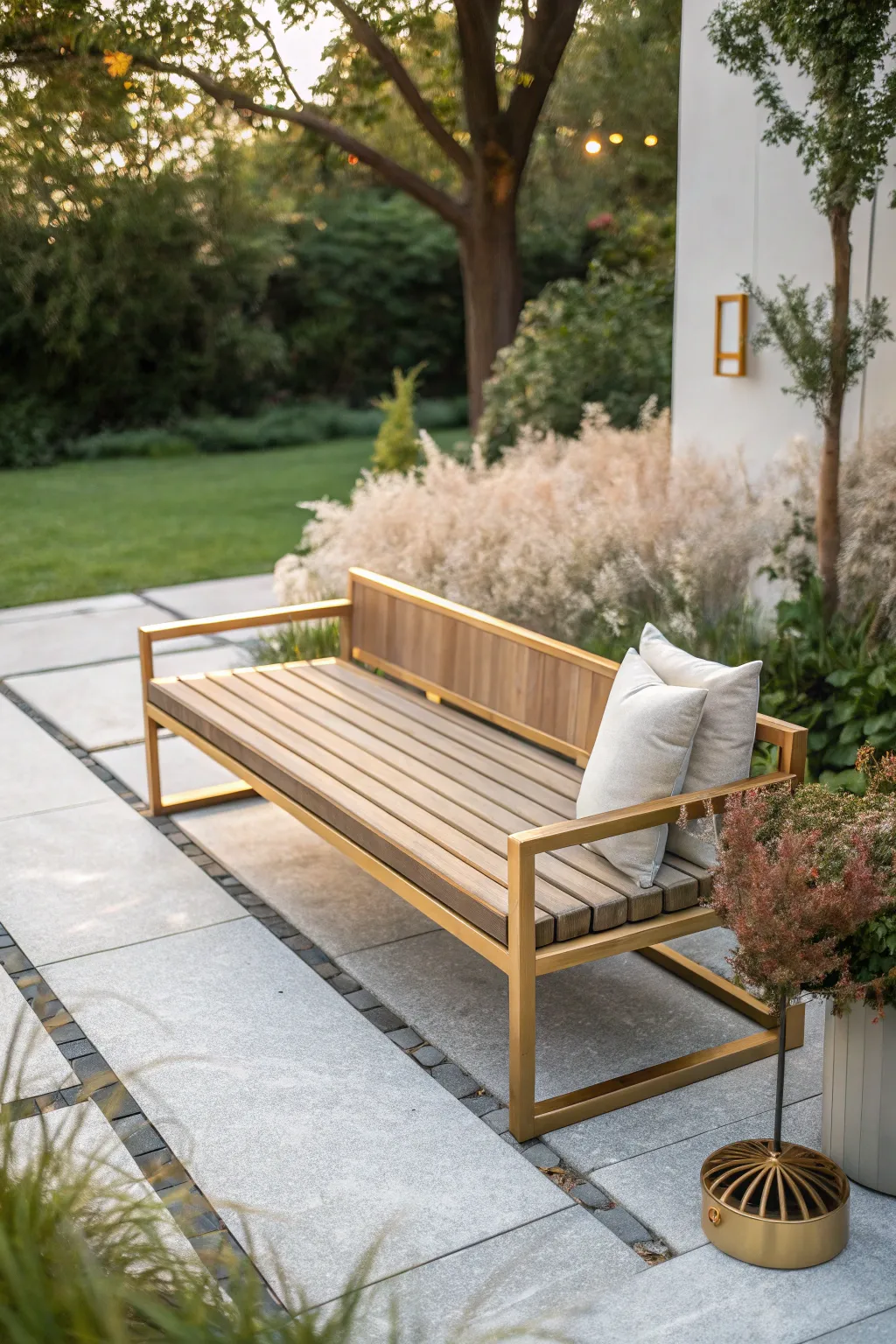 Transform your garden into a haven of elegance with a bench adorned in glamorous gold accents.