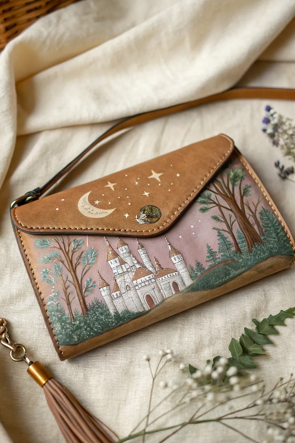 Step into a whimsical fairytale with this beautifully painted purse, where craftsmanship meets enchanting design.