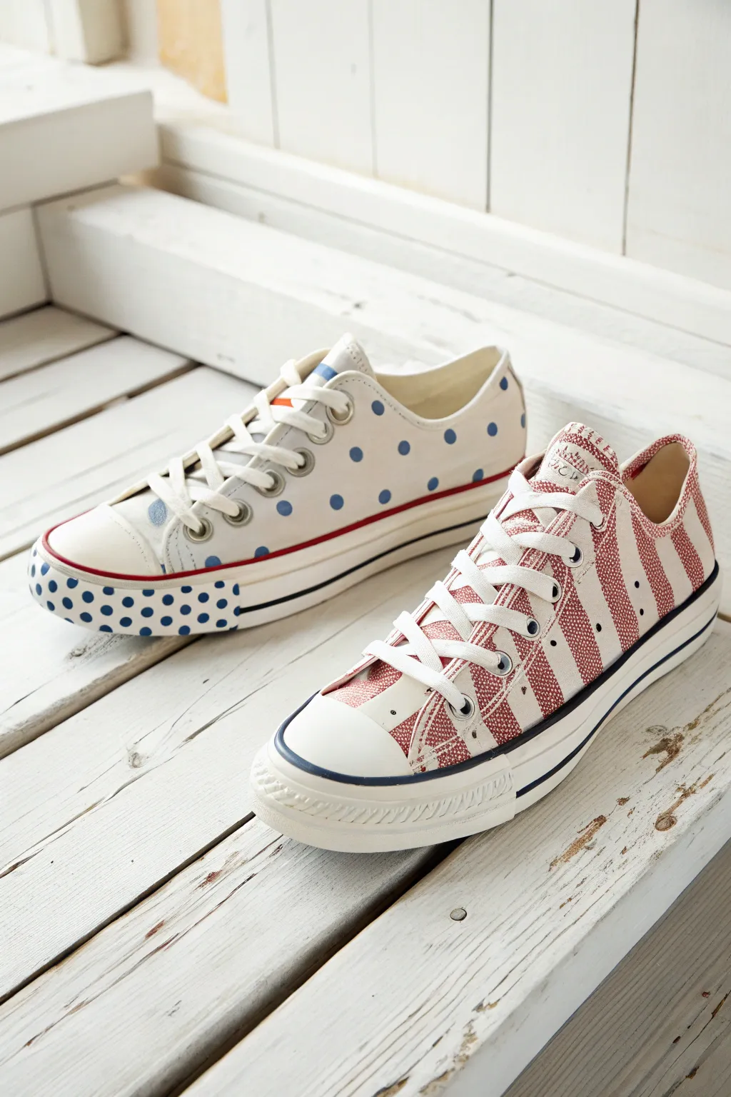 Step into playful elegance with these artfully painted polka dot and stripe Converse sneakers.