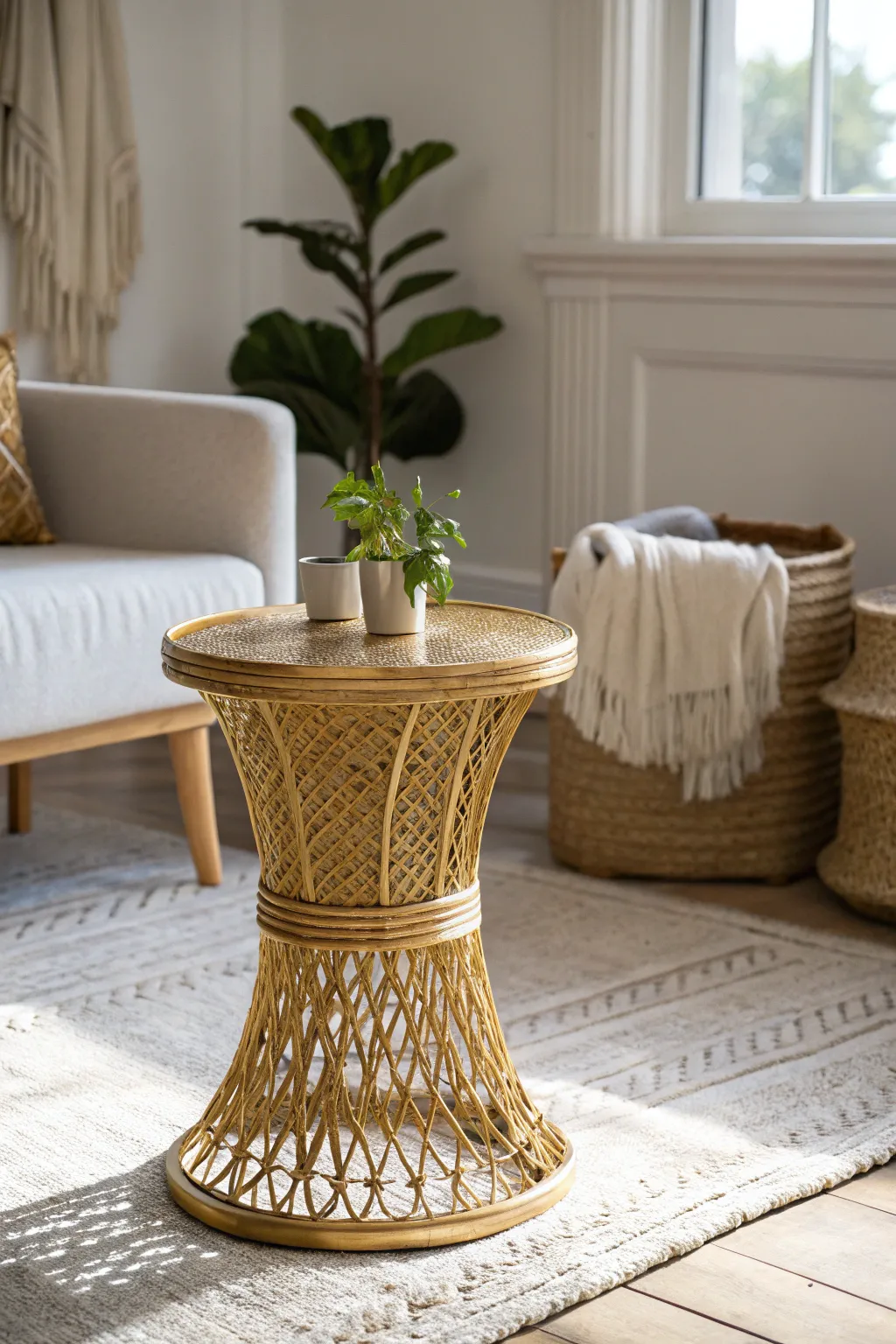 Transform your space with the sparkle of metallic-painted wicker furniture for a touch of understated glamour.
