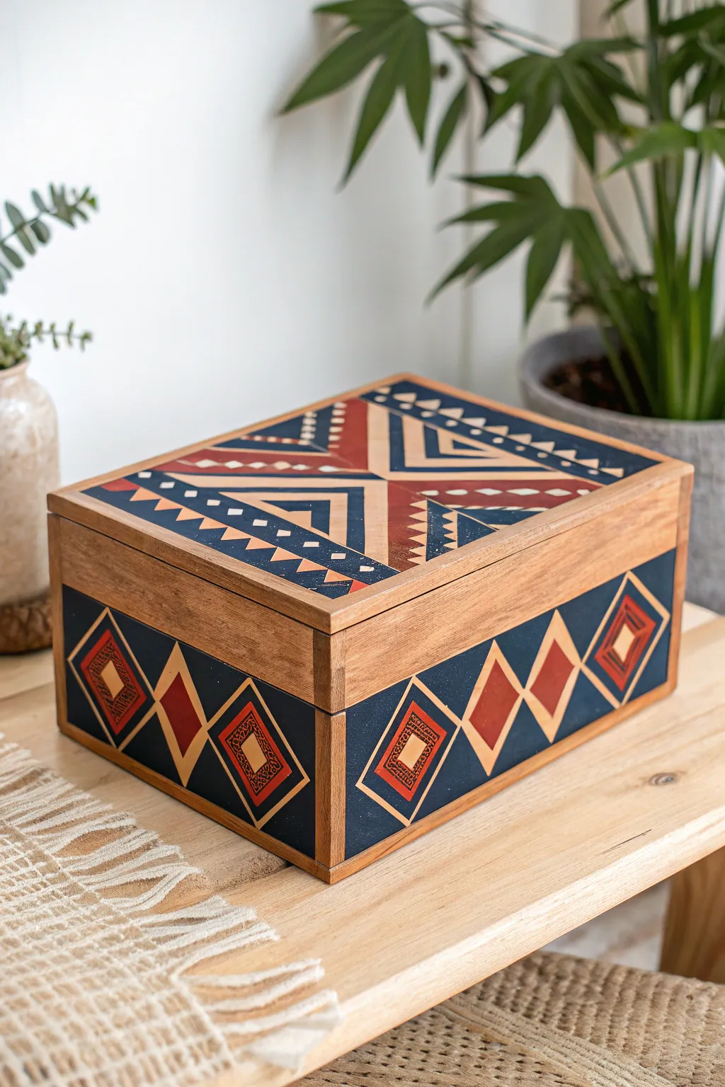 Transform your space with this Geometric Delight: a stunning painted wooden box that combines craftsmanship with bold design.
