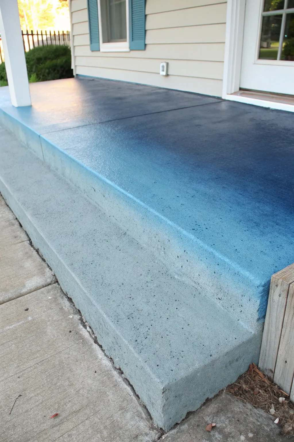 Transform your porch with a stunning ombre effect, blending blues for a touch of serene sophistication.