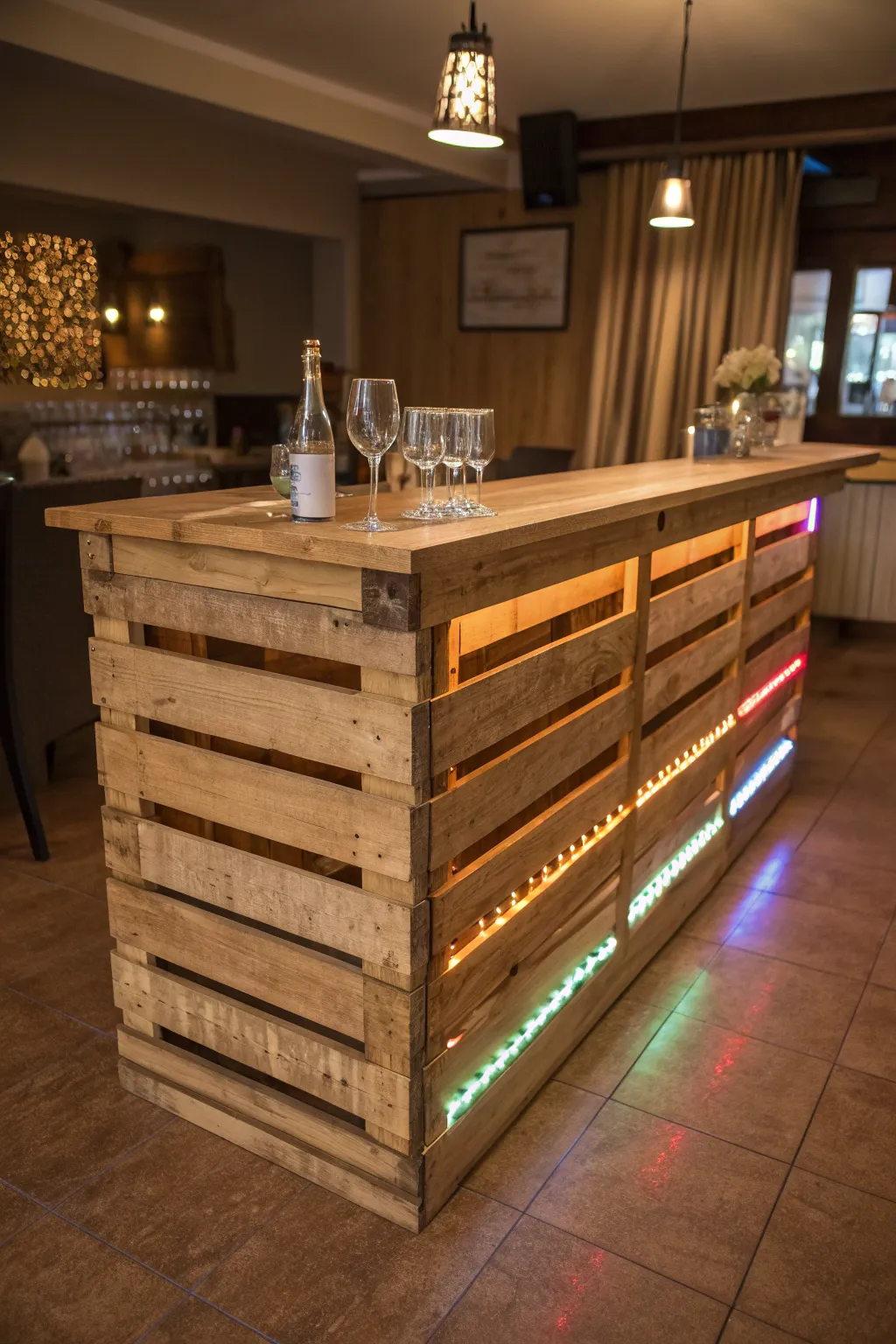 Illuminate your nights with the ambient glow of an LED-lit pallet bar, where craftsmanship meets modern style.