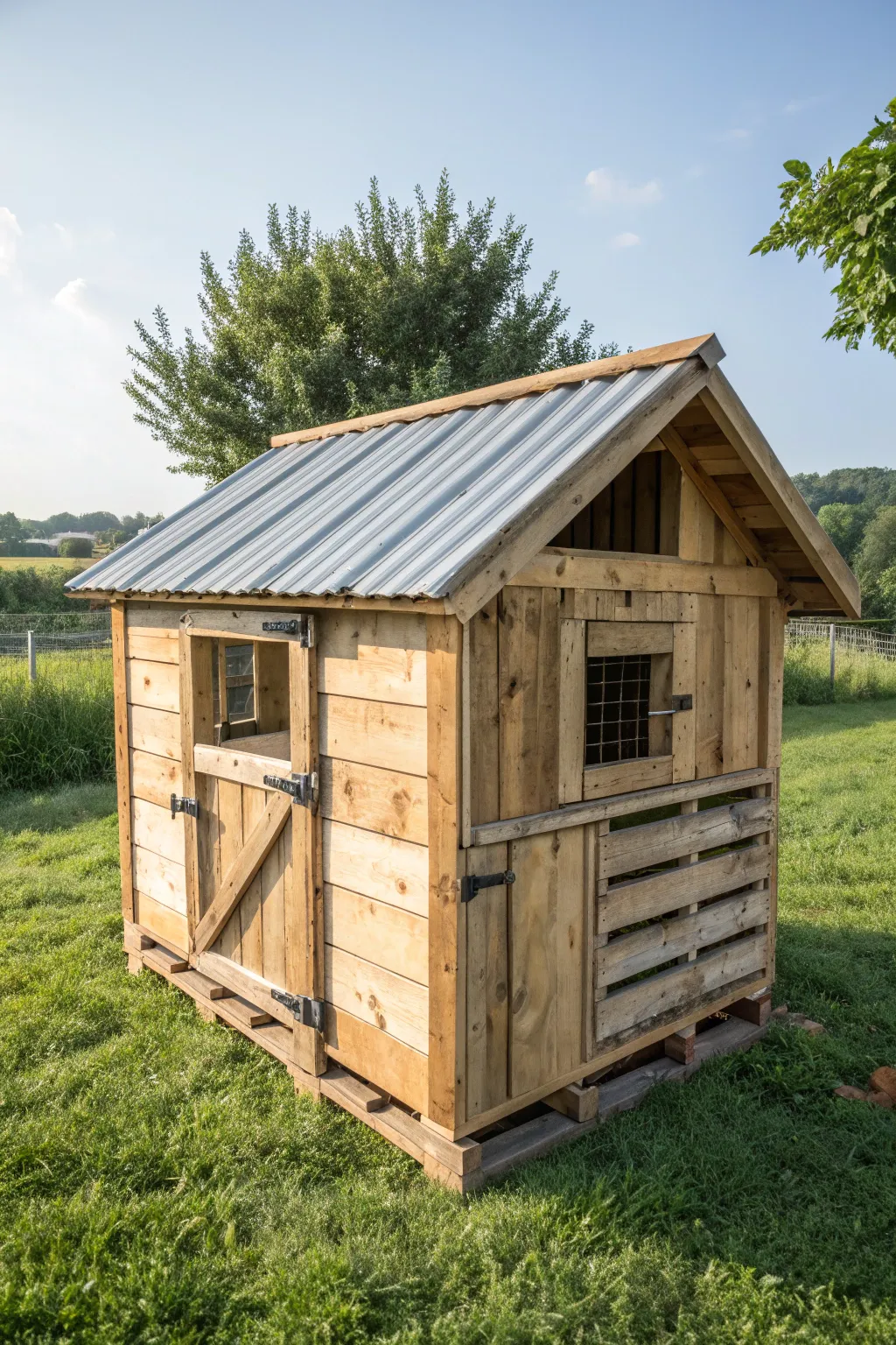 Embrace rustic charm and craftsmanship with The Barnyard Special: a pallet chicken coop that merges style with practicality.