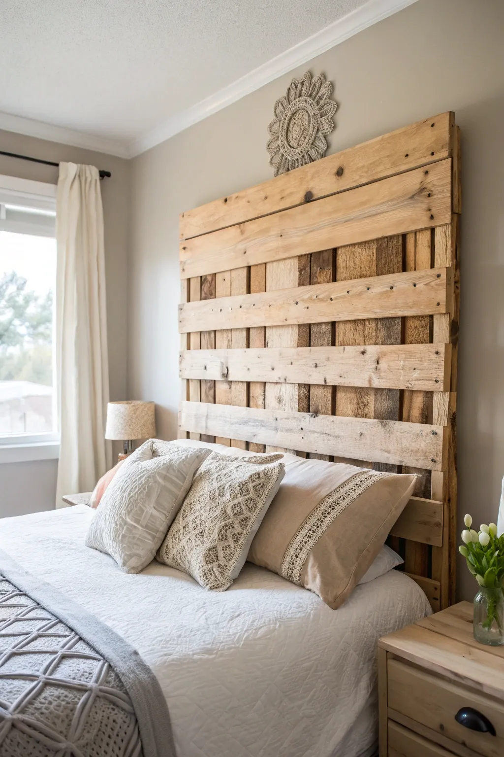 Transform your bedroom with the timeless charm of a handcrafted pallet headboard. Simple, natural, beautiful.
