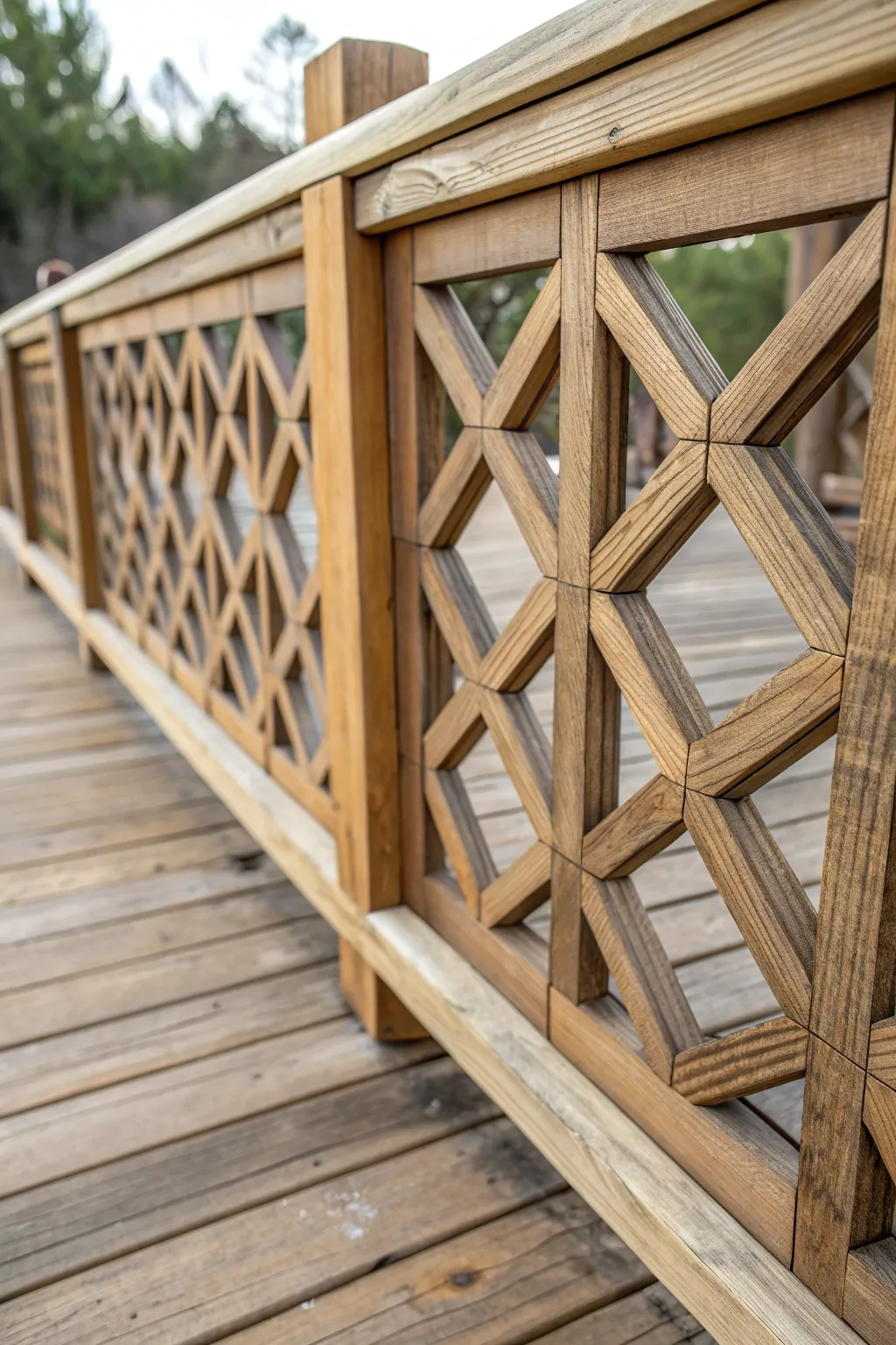 Transform your deck with geometric patterns in pallet wood – where creativity meets craftsmanship.