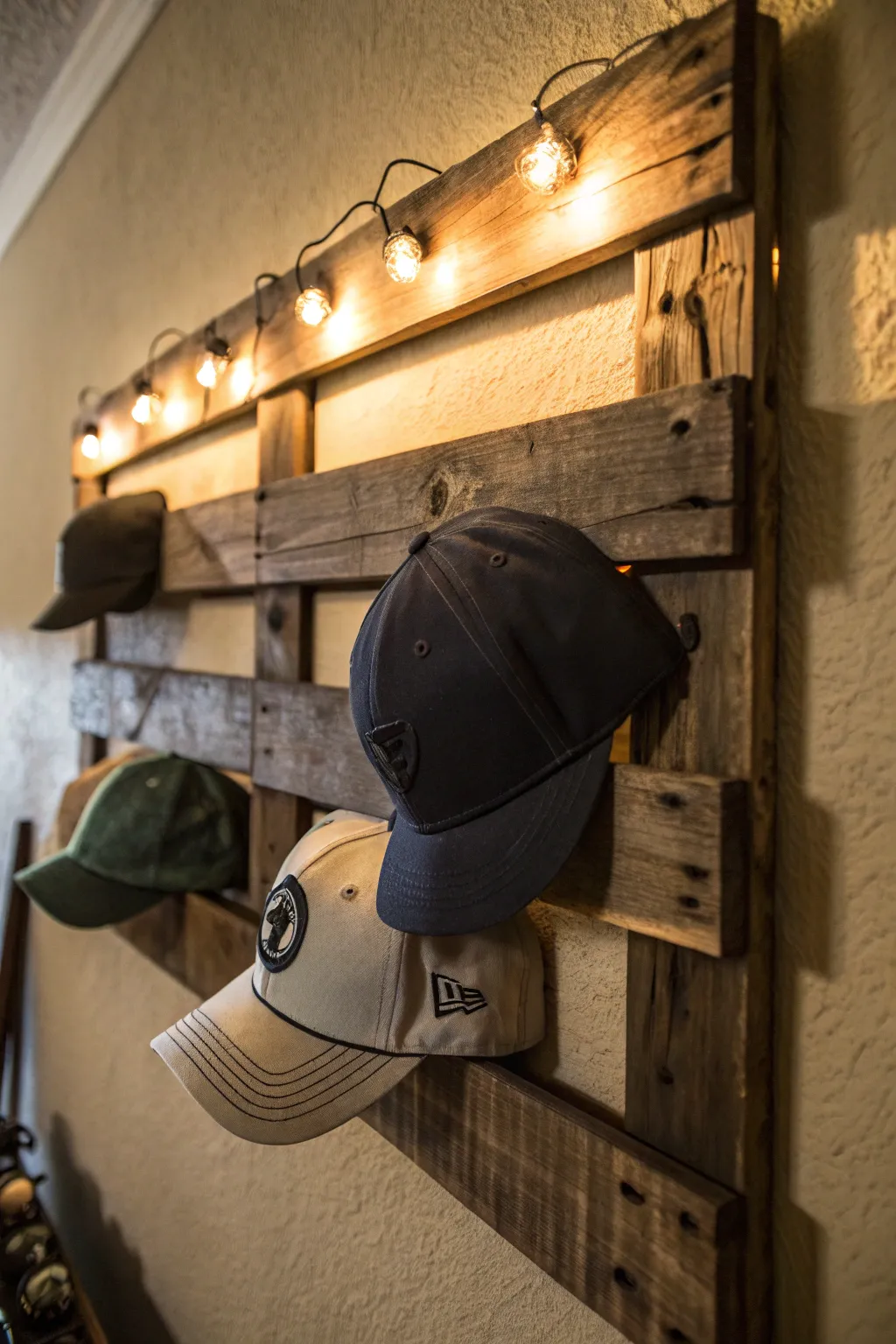 Elevate your space with a handcrafted pallet hat rack, complete with cozy LED lighting.