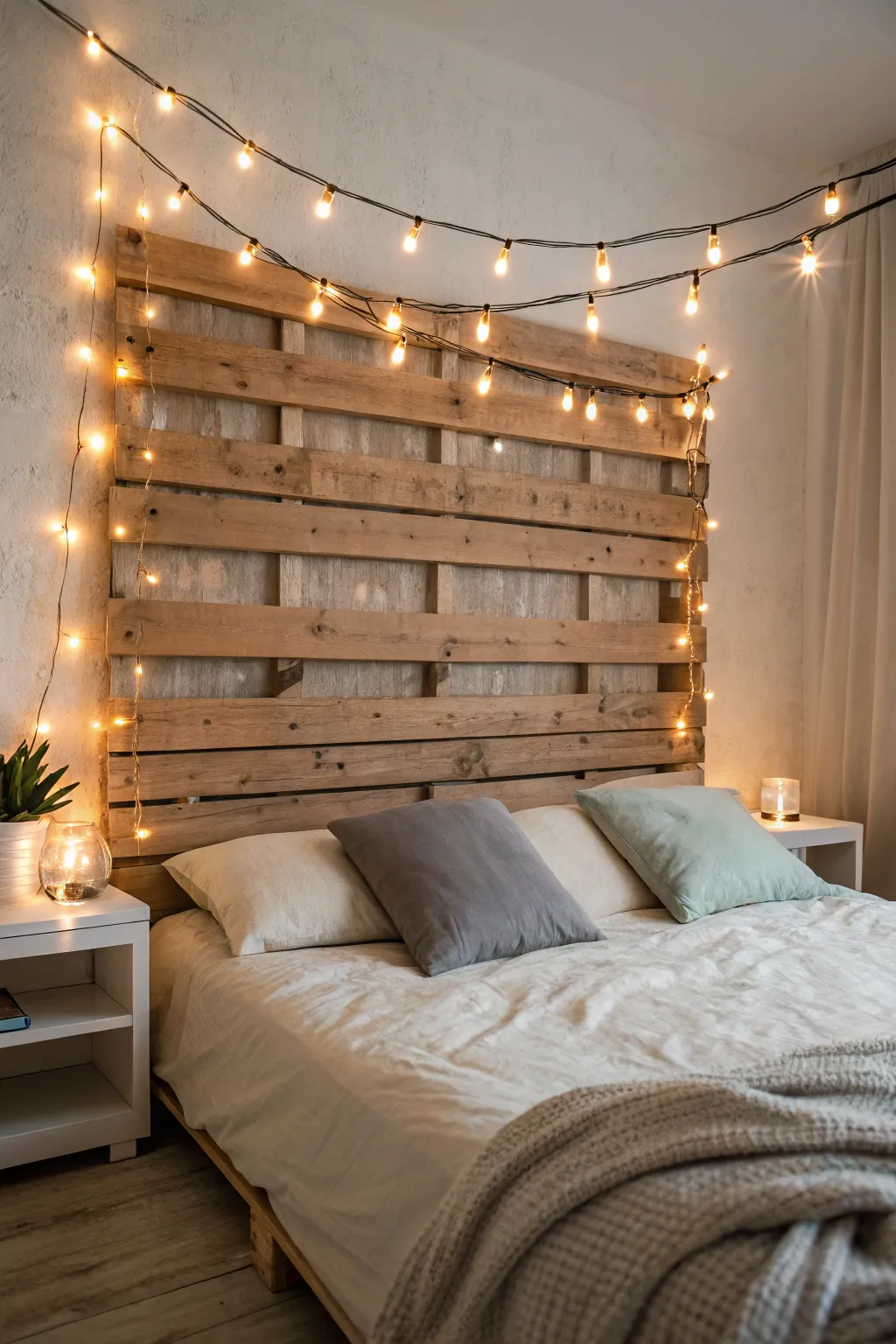 Illuminate your dreams with the enchanting glow of string lights on a rustic pallet headboard.