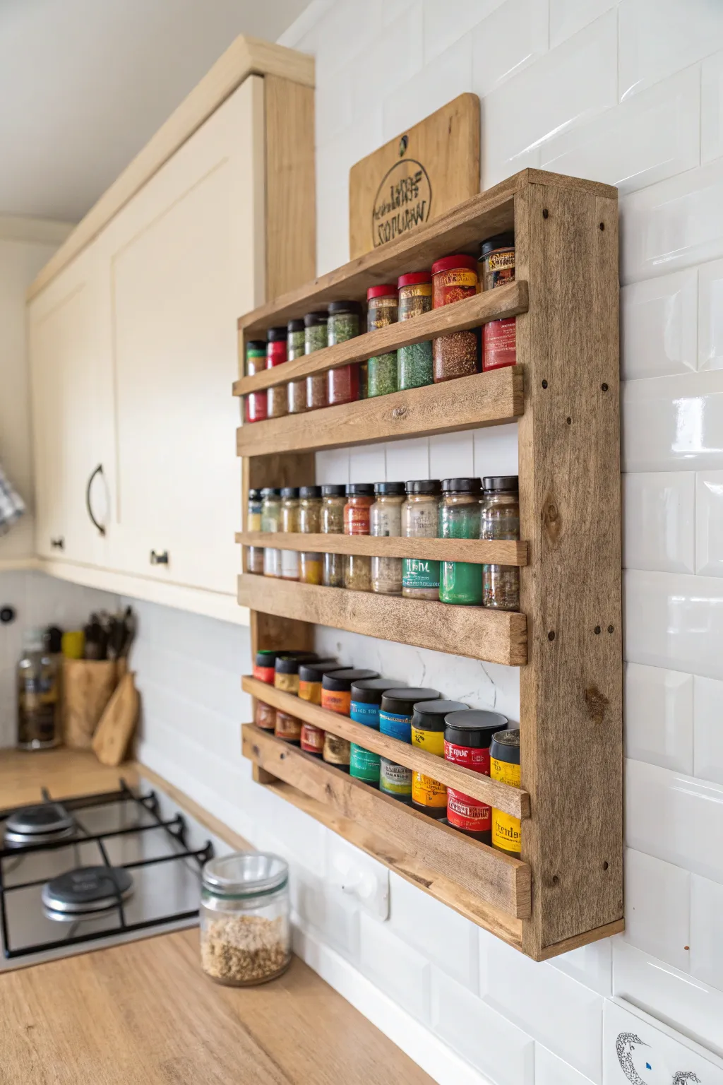 Elevate your kitchen's style with a chic pallet spice rack—where simplicity meets vibrant functionality.