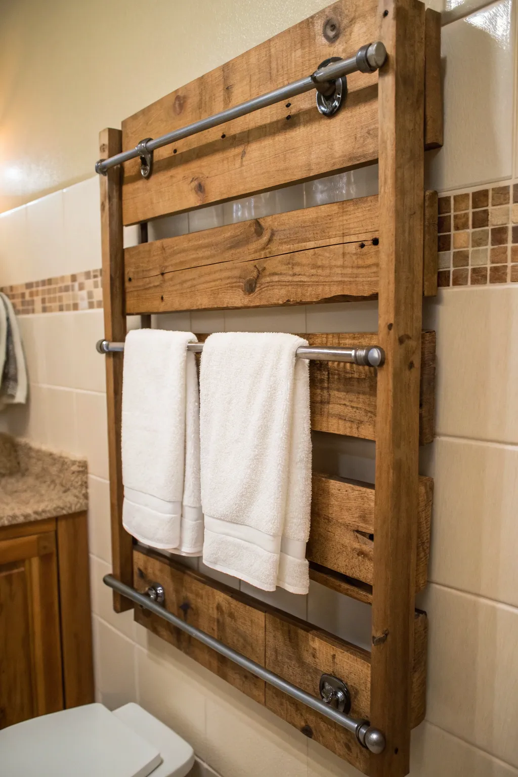 Elevate your bathroom style with a handcrafted pallet towel holder—where rustic charm meets practical elegance.
