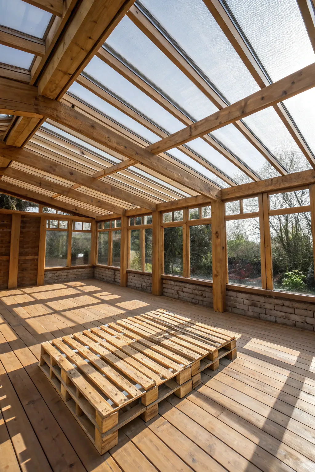 Bask in the warmth of sustainable craftsmanship with this pallet sunroom roof.