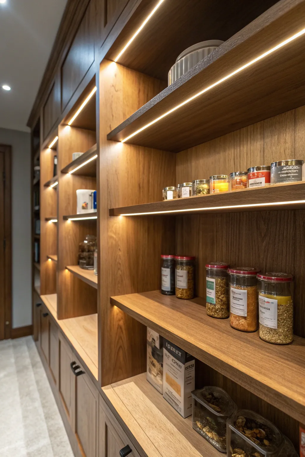 Elevate your pantry with the art of built-in lighting and craftsmanship. Experience the perfect blend of function and aesthetics.