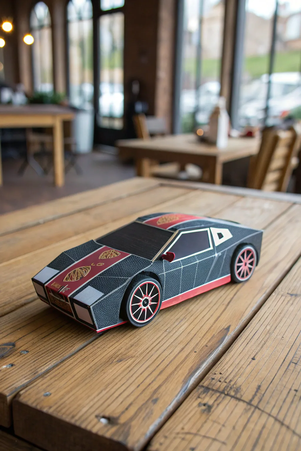 Transform packaging into art: a stylish paper car crafted from a gift box, perfect for the creative soul.