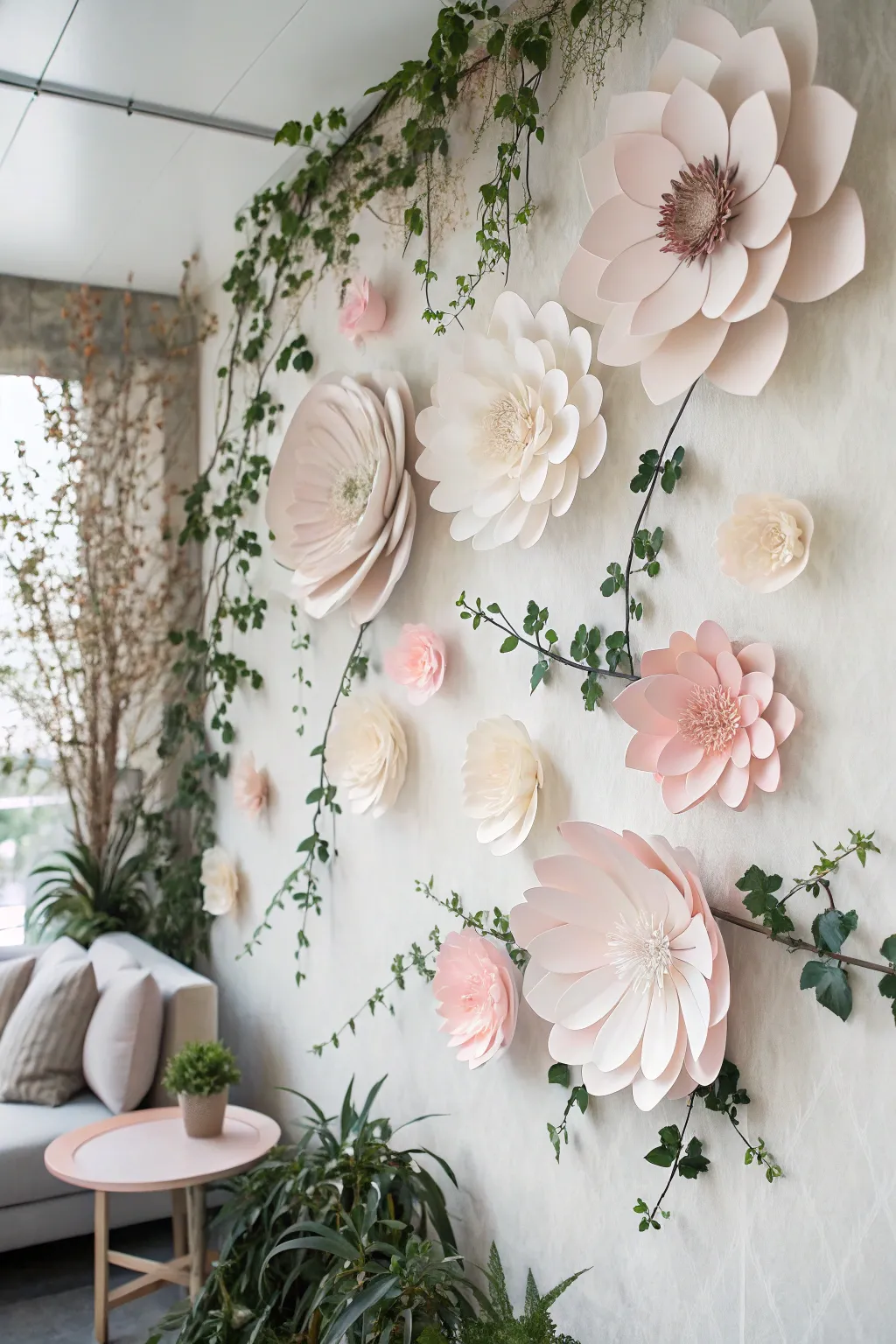 Embrace simplicity with a touch of elegance: a minimalist paper flower wall that speaks volumes.