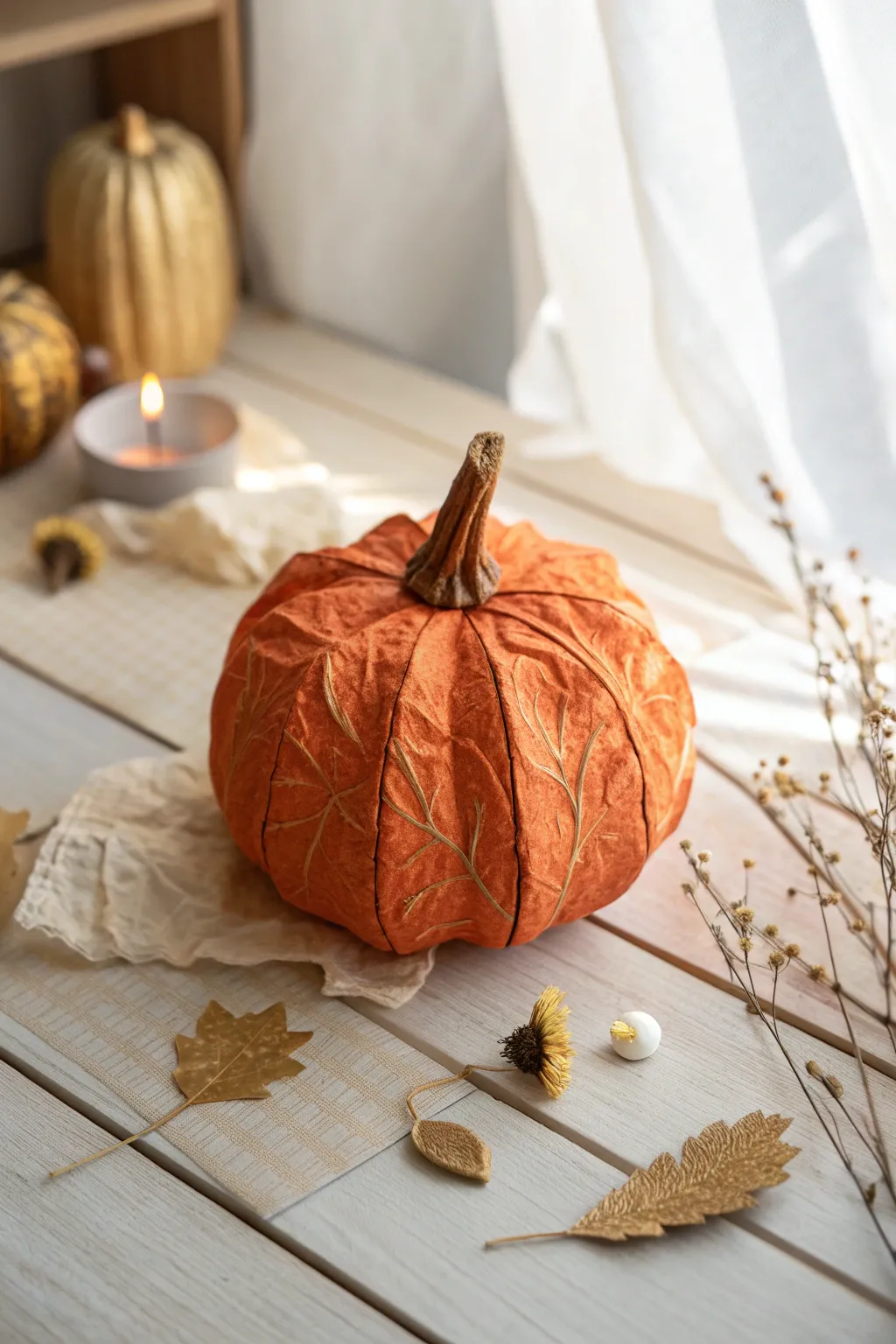 Embrace autumn's beauty with this textured paper pumpkin, where simplicity meets striking design.