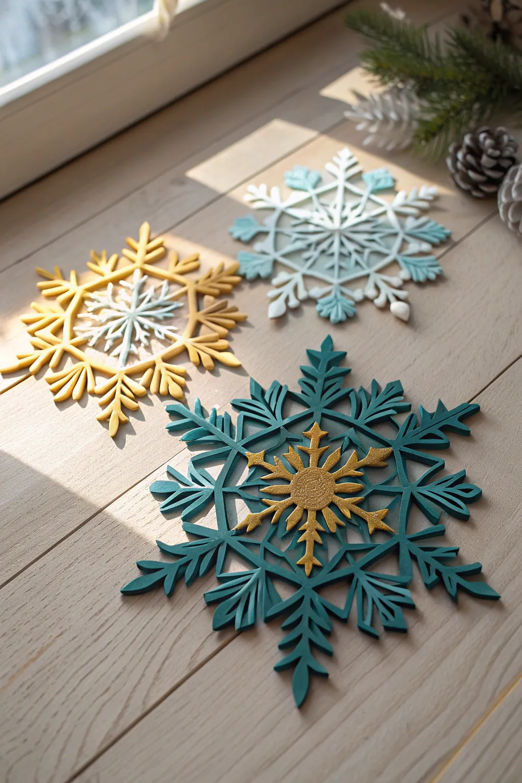 Embrace the art of simplicity with a layered paper snowflake that brings bold colors and natural beauty to your space.