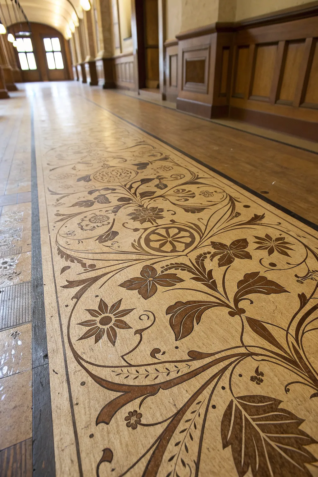 Embrace nature indoors with exquisitely stenciled particle board floors.